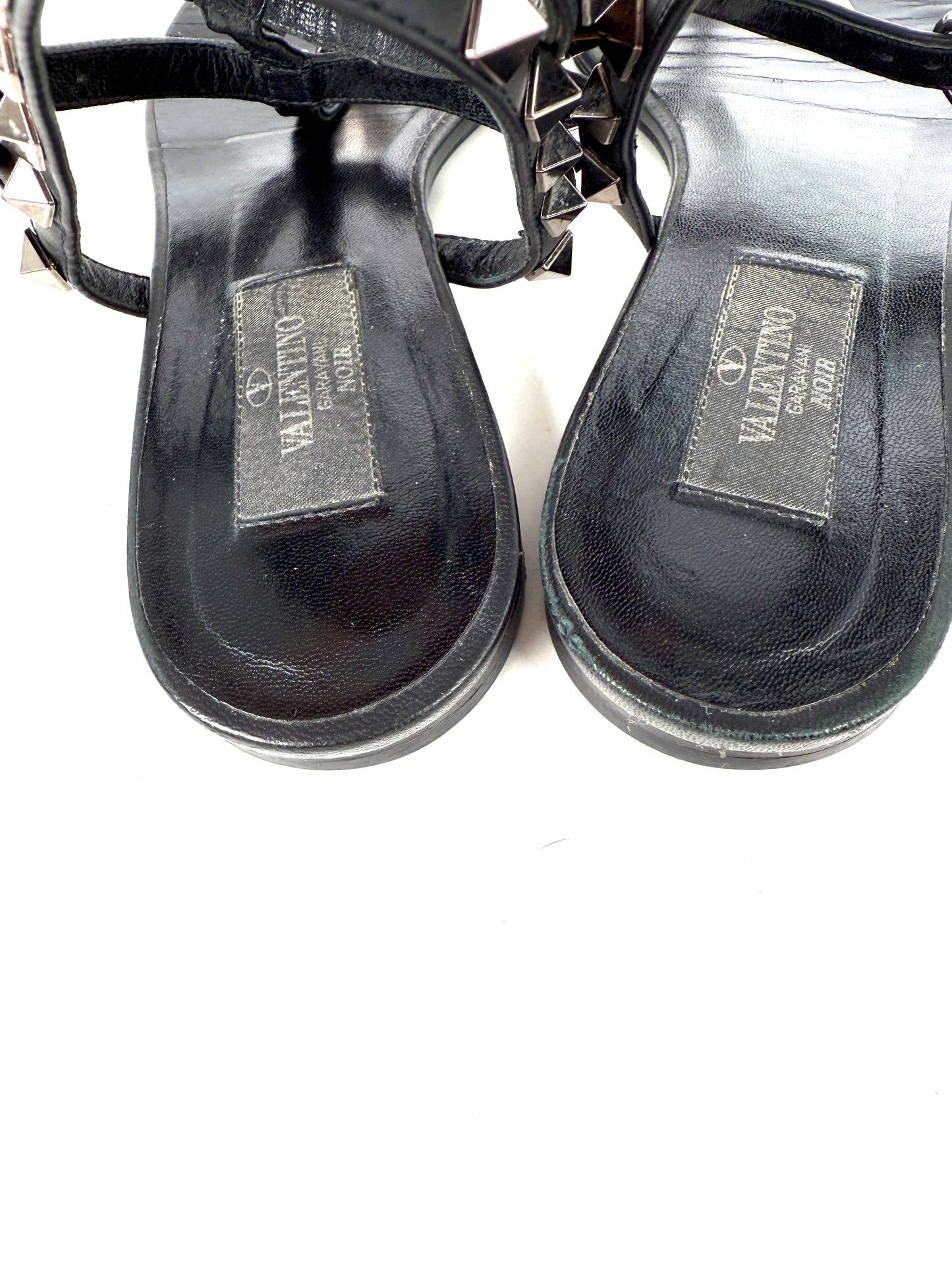 Valentino So Black Noir Rockstud Leather T Strap Sandals 38, 8