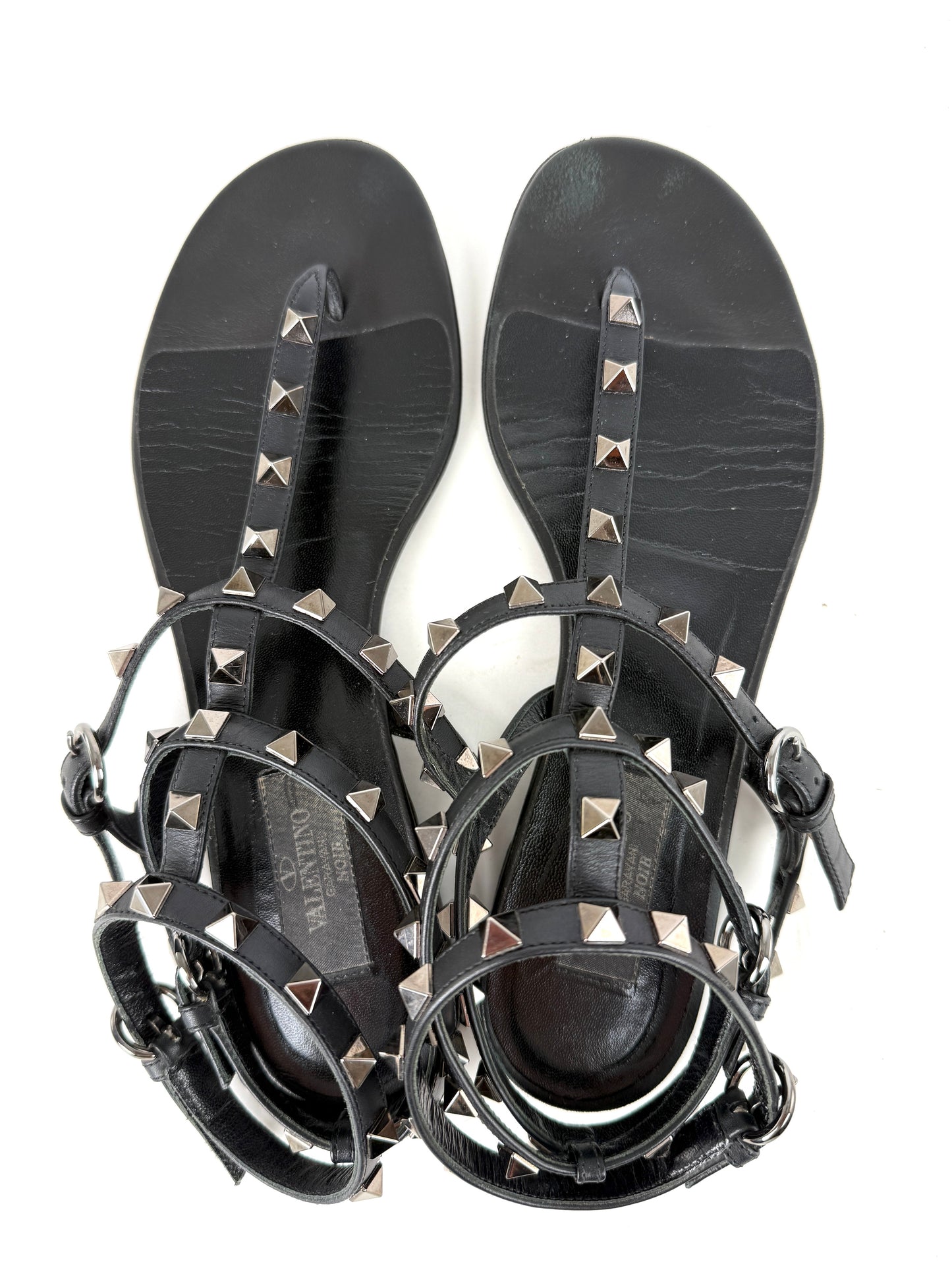 Valentino So Black Noir Rockstud Leather T Strap Sandals 38, 8