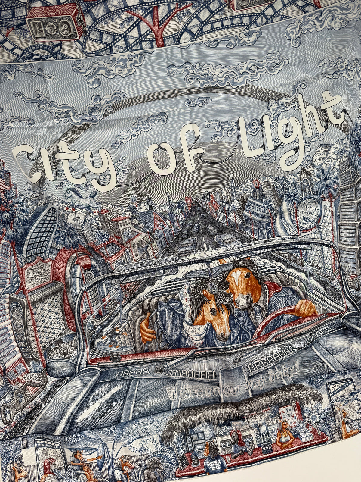 HERMES City of Light Square 90 cm Ardoise Blanc Rouge H Silk Scarf