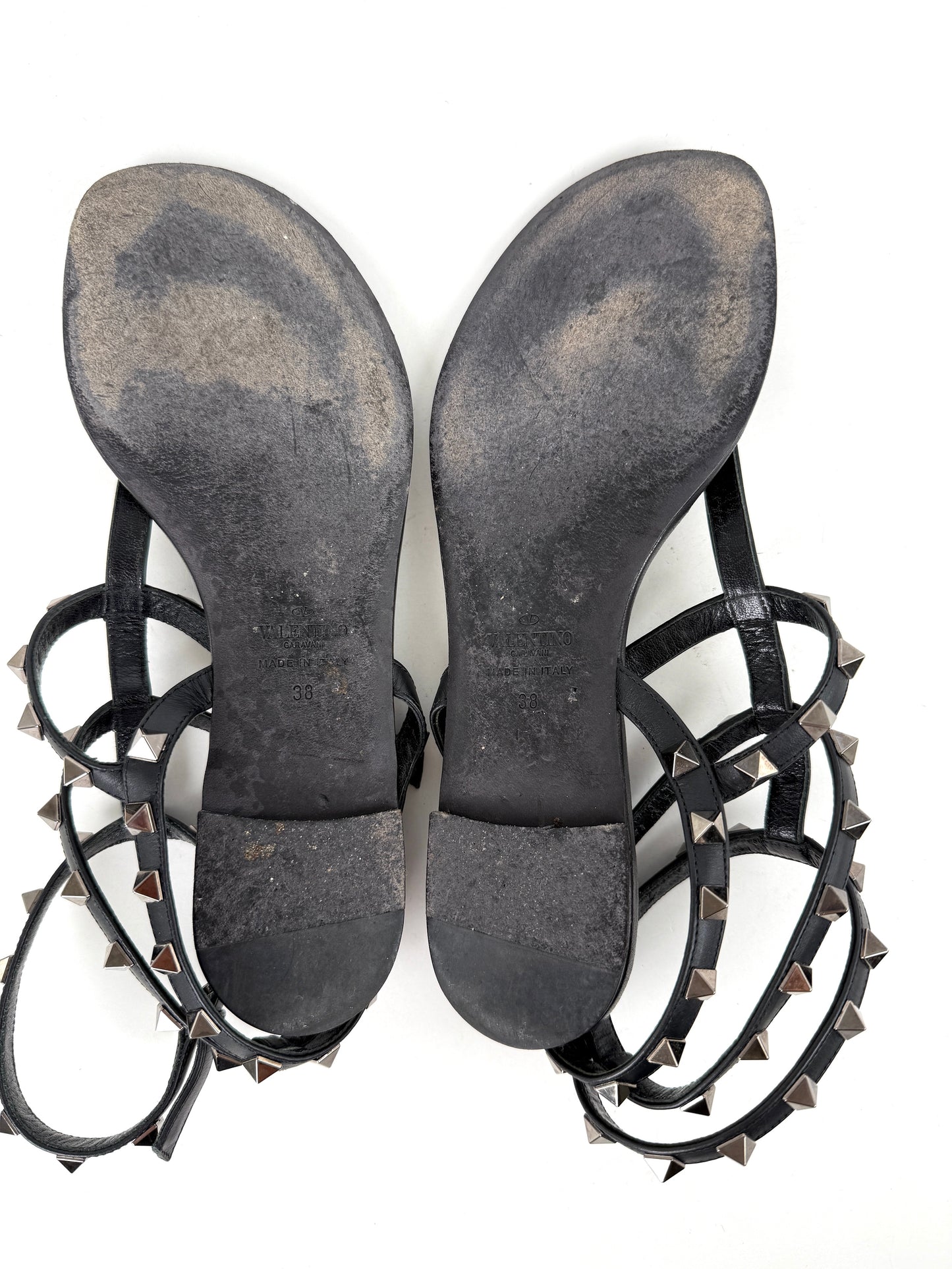 Valentino So Black Noir Rockstud Leather T Strap Sandals 38, 8