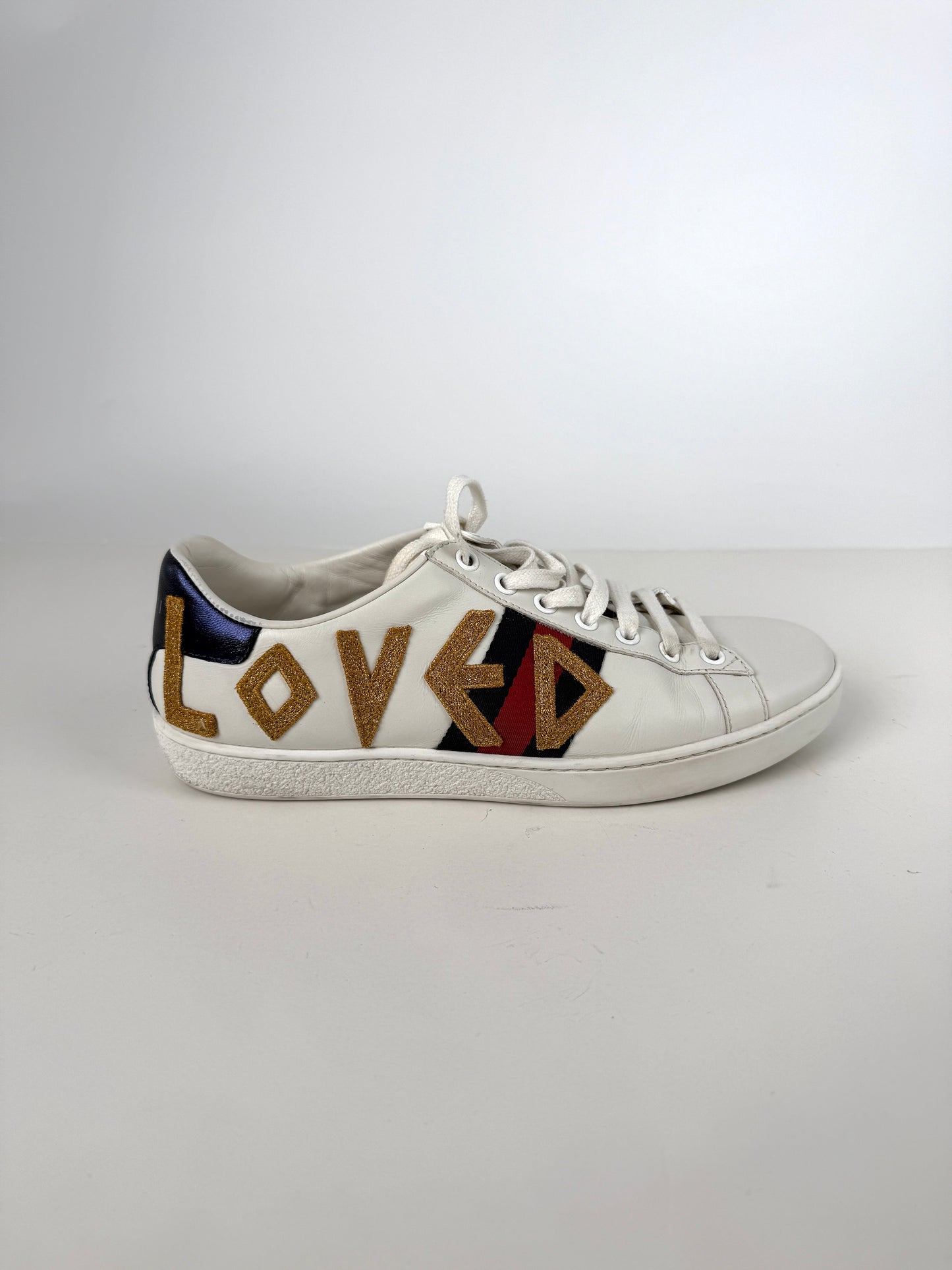 GUCCI Loved Web Leather Printed Embellished White Sneakers 37.5