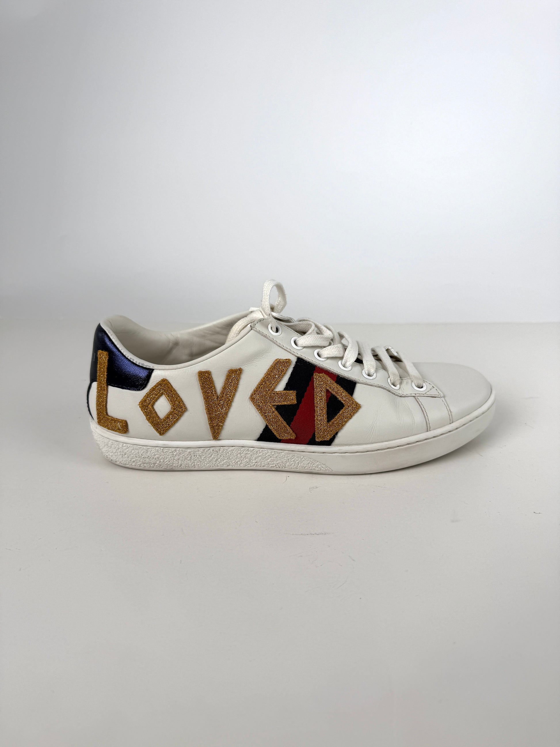 GUCCI Loved Web Leather Printed Embellished White Sneakers 37.5