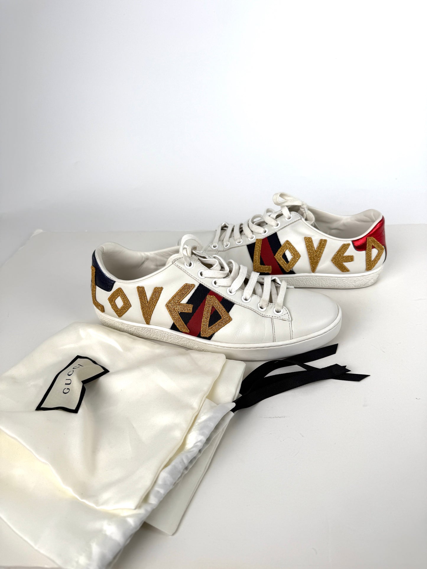 GUCCI Loved Web Leather Printed Embellished White Sneakers 37.5