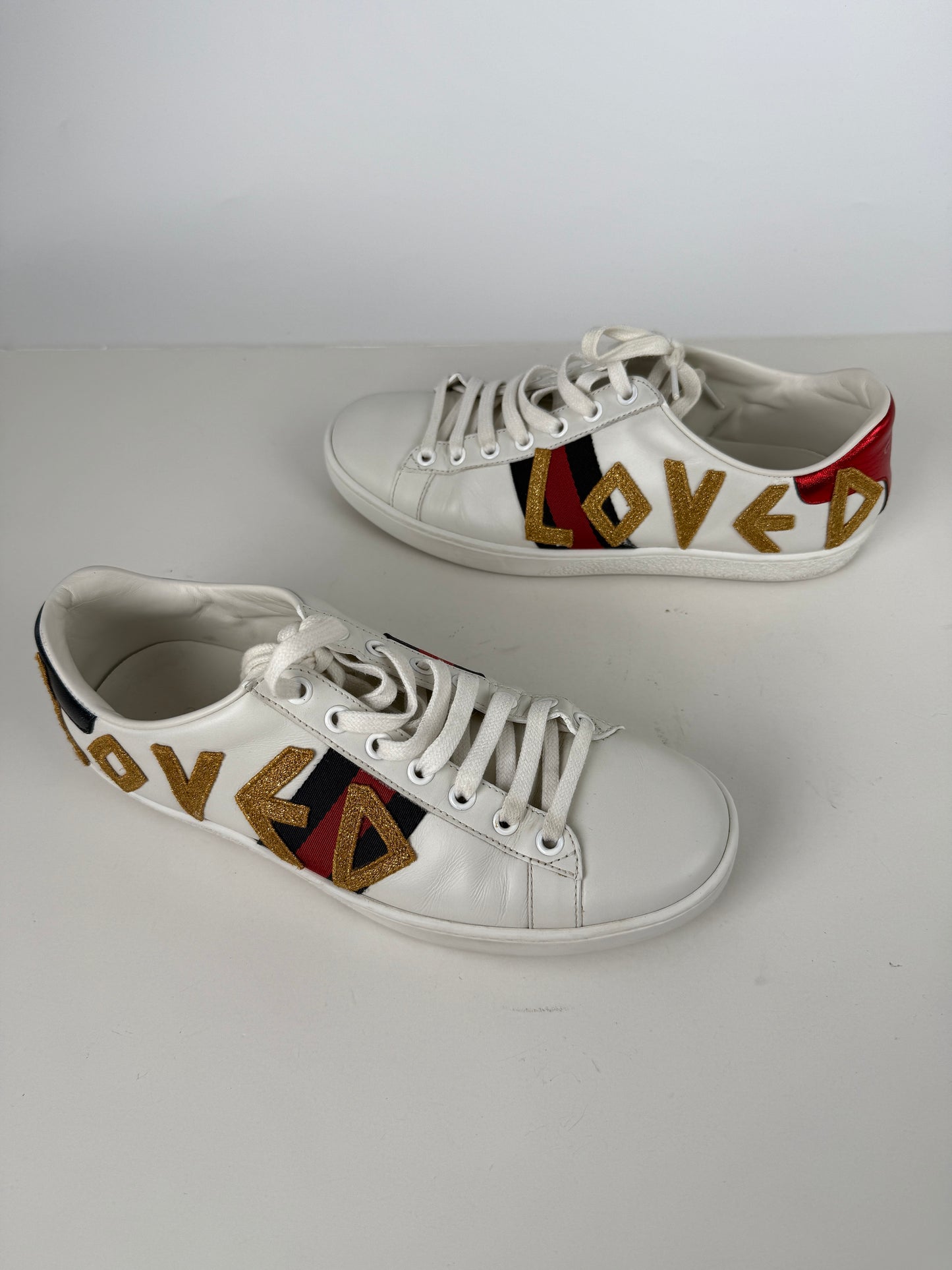 GUCCI Loved Web Leather Printed Embellished White Sneakers 37.5