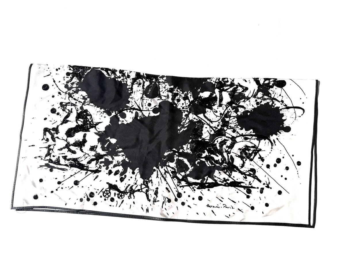Hermes Cheval Surprise Exceptional Black White Embroidered Dossard Silk Scarf Cover 90 New