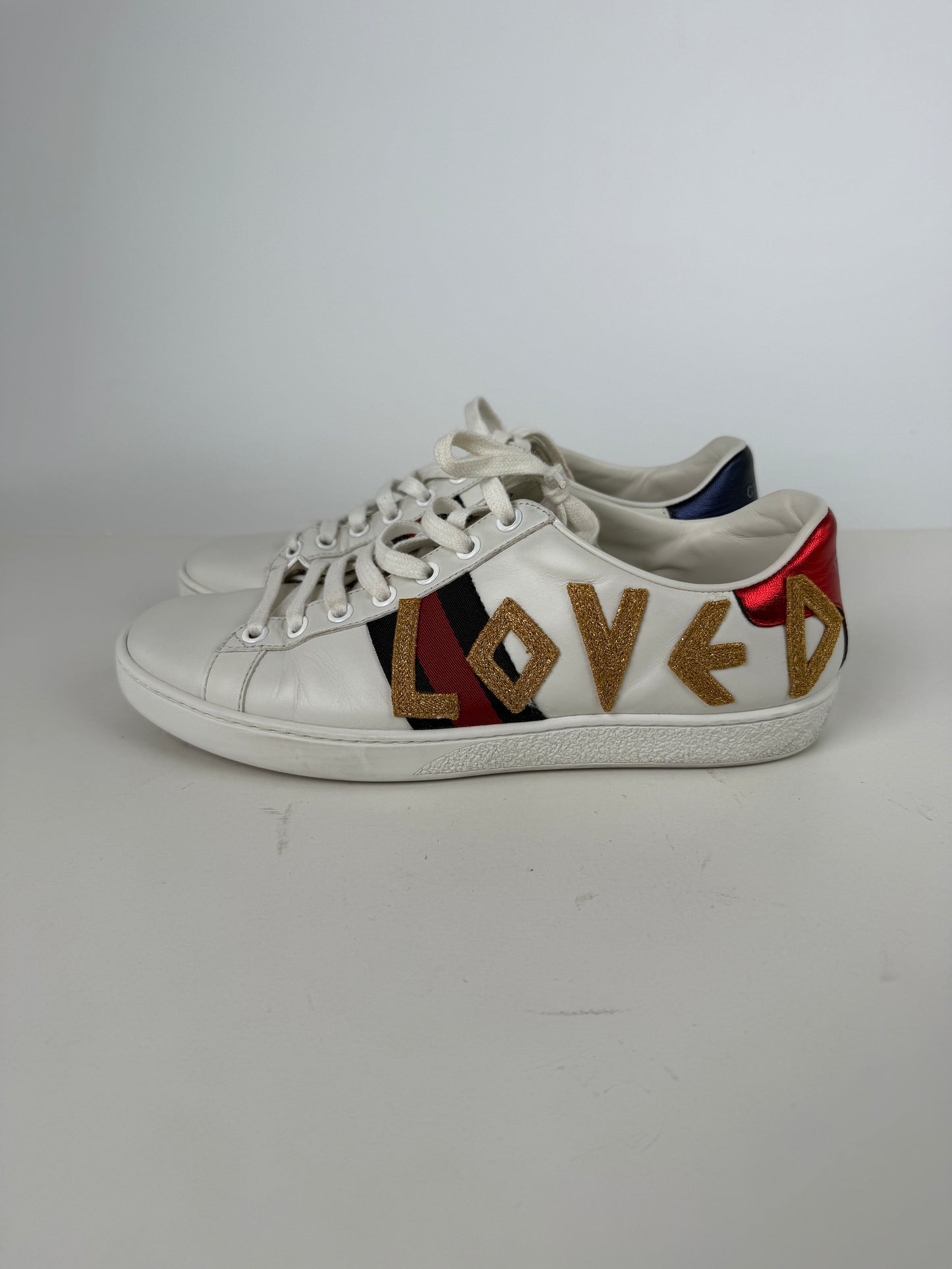 GUCCI Loved Web Leather Printed Embellished White Sneakers 37.5