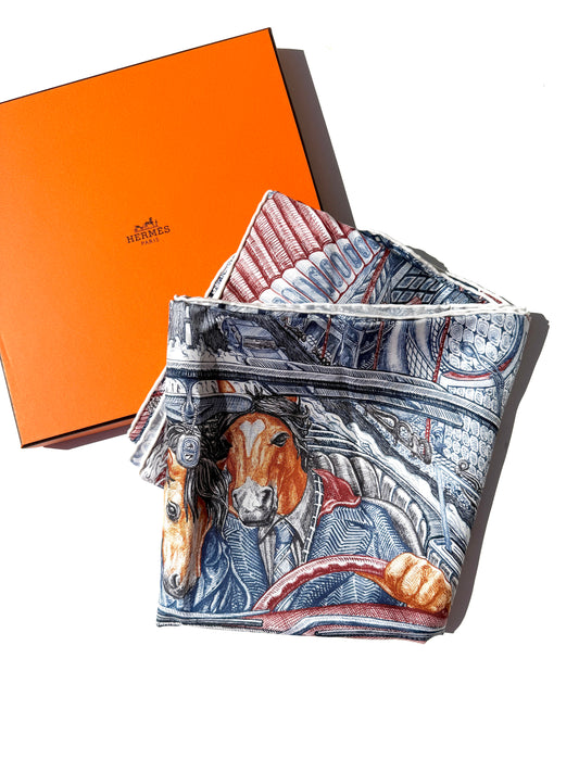 HERMES City of Light Square 90 cm Ardoise Blanc Rouge H Silk Scarf