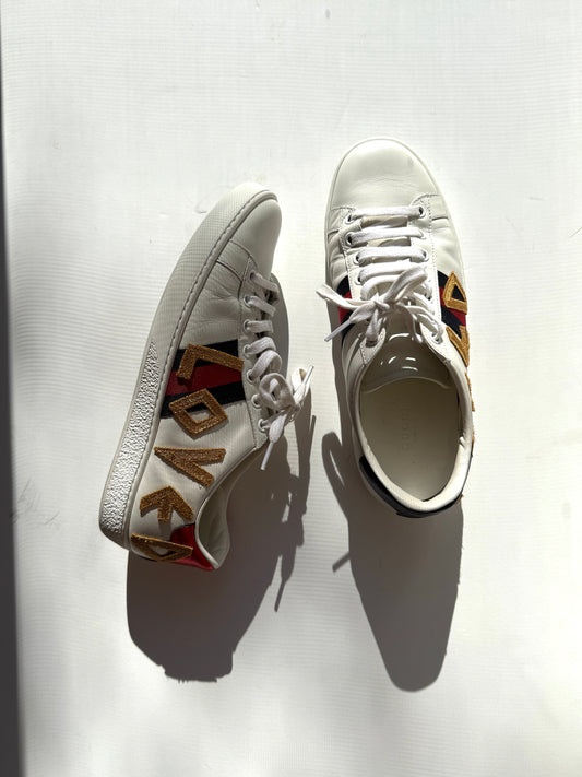 GUCCI Loved Web Leather Printed Embellished White Sneakers 37.5