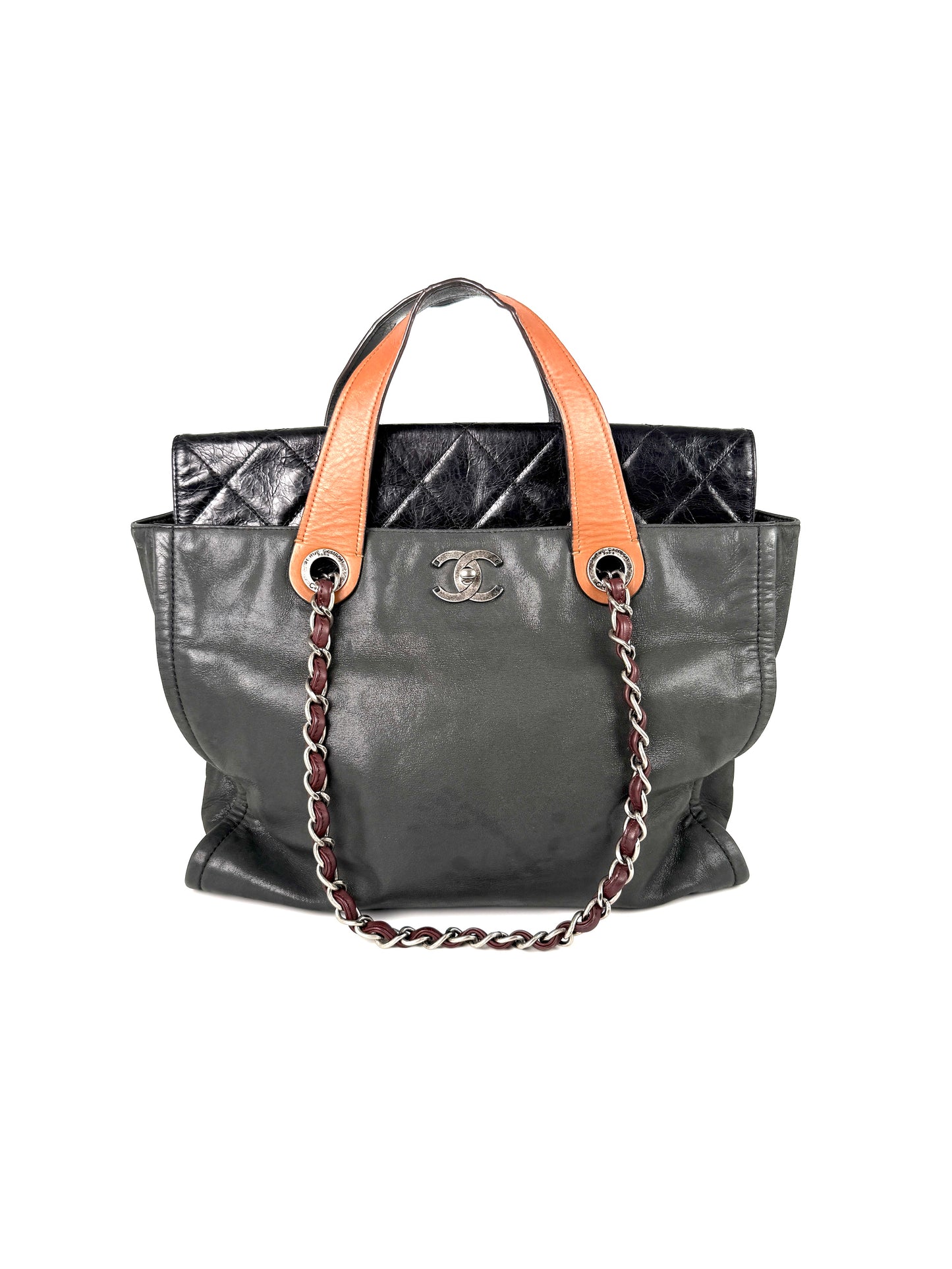 CHANEL Portobello In the Mix Soft CC Turn lock Black Brown Iridescent Leather Shoulder Tote Bag