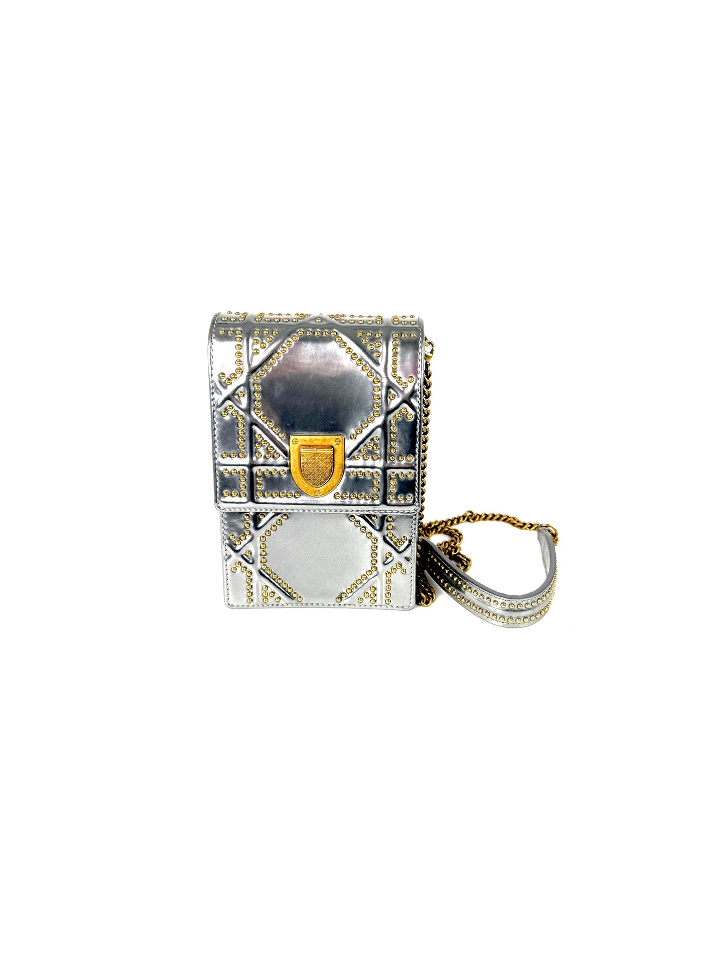 Christian Dior Diorama Vertical Studded Silver Metallic Leather Chain Crossbody Clutch Bag