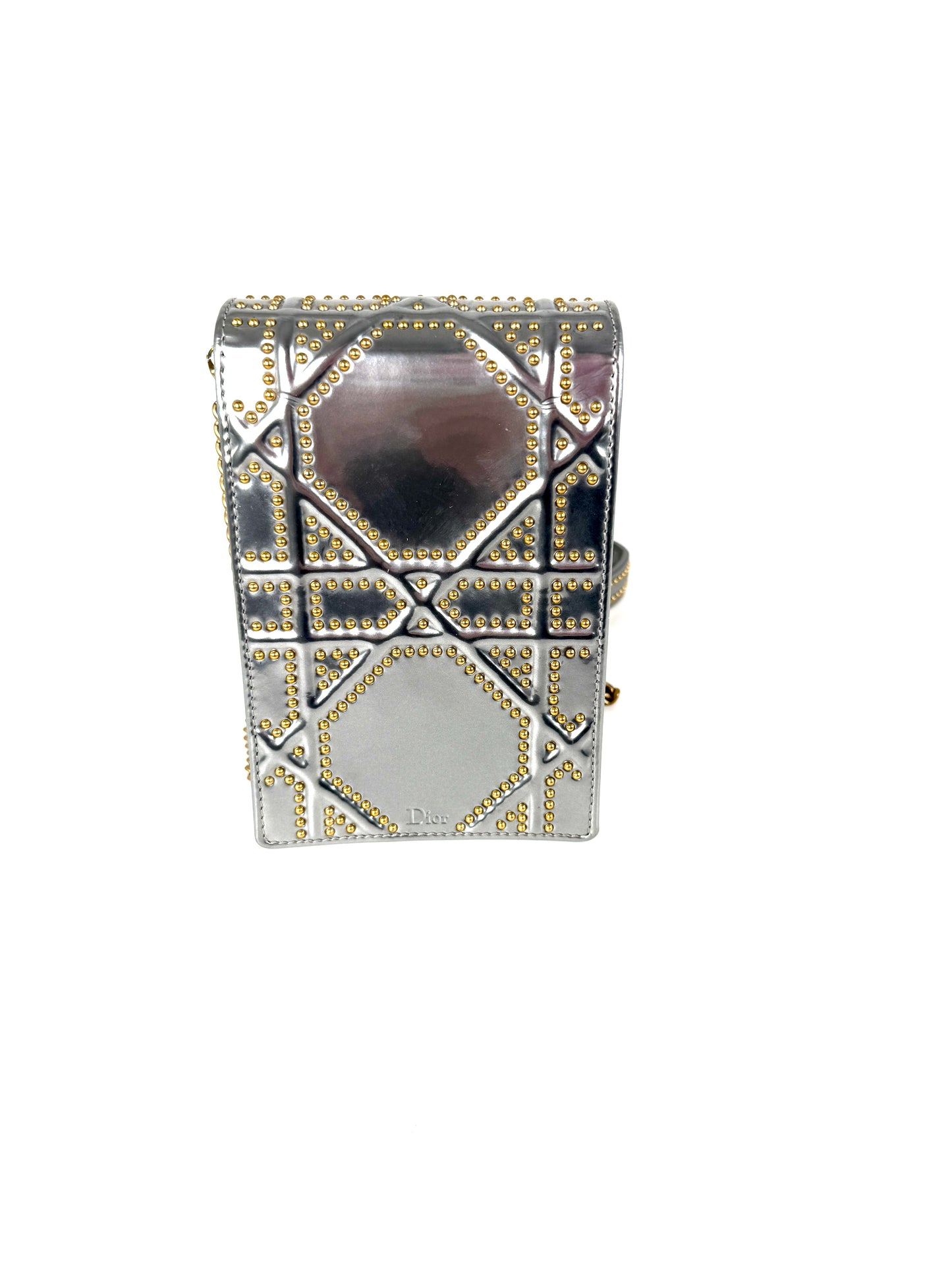 Christian Dior Diorama Vertical Studded Silver Metallic Leather Chain Crossbody Clutch Bag