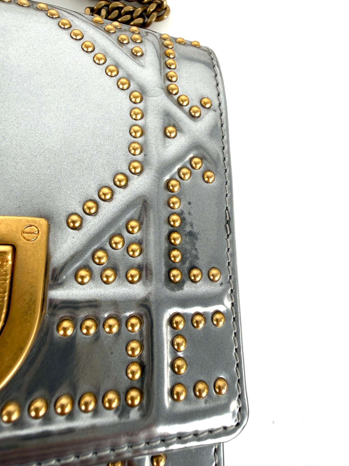 Christian Dior Diorama Vertical Studded Silver Metallic Leather Chain Crossbody Clutch Bag