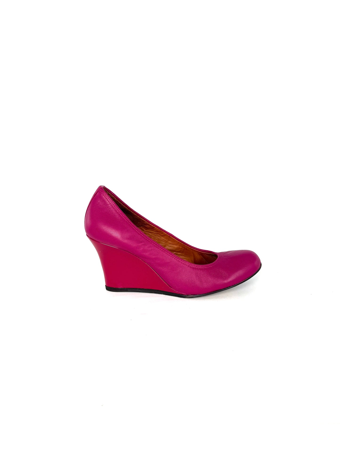 LANVIN Fuchsia Pink Leather Patent Heel Wedge Pumps 37.5 7.5 Thrift store near me