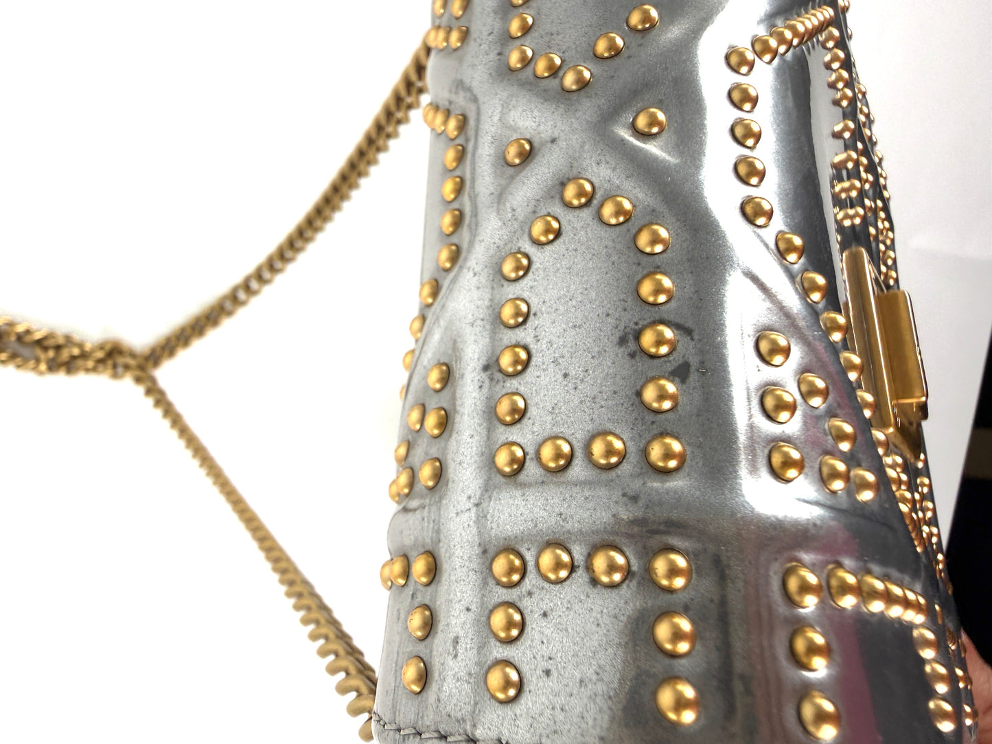 Christian Dior Diorama Vertical Studded Silver Metallic Leather Chain Crossbody Clutch Bag