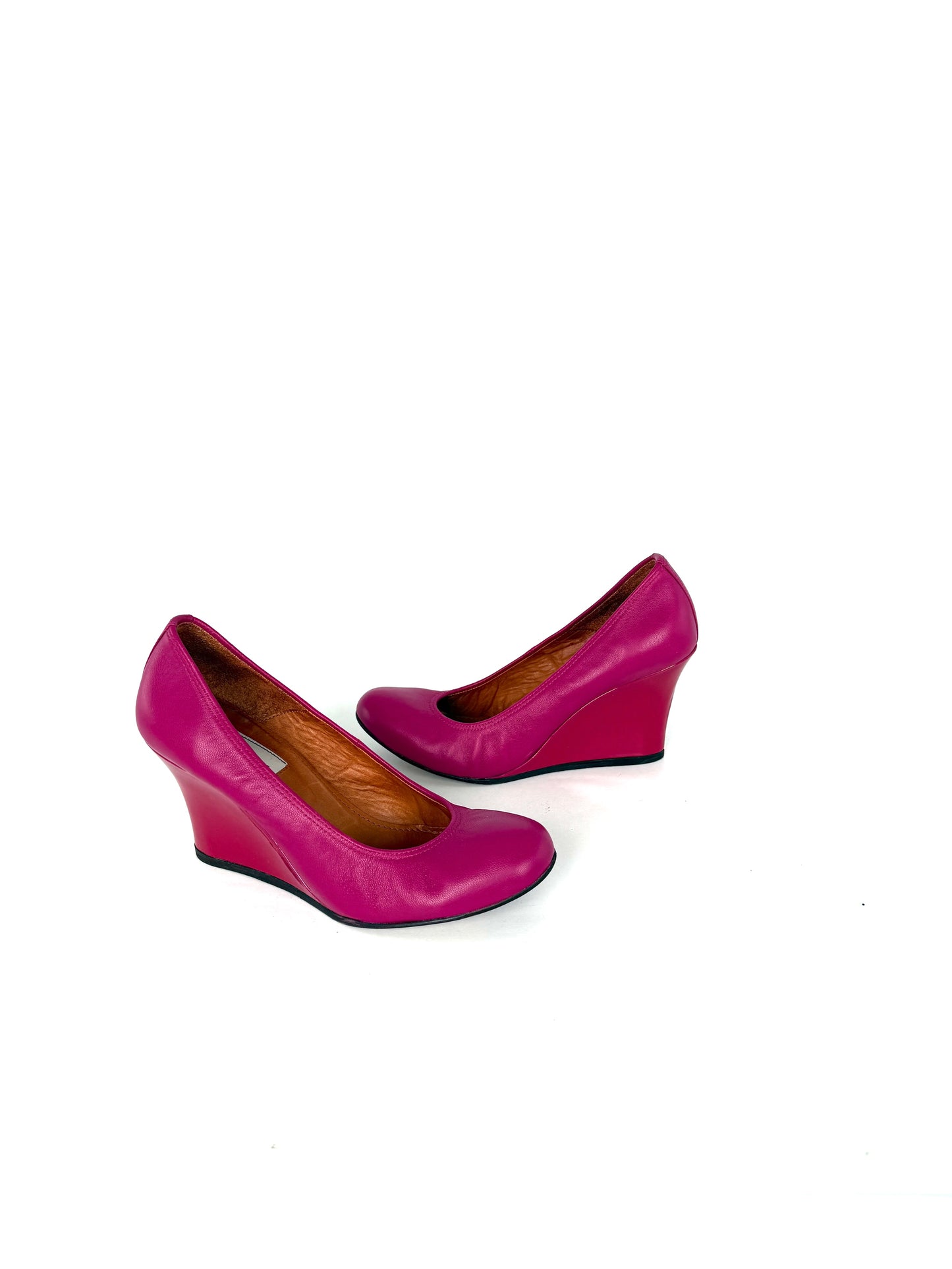 LANVIN Fuchsia Pink Leather Patent Heel Wedge Pumps 37.5 7.5