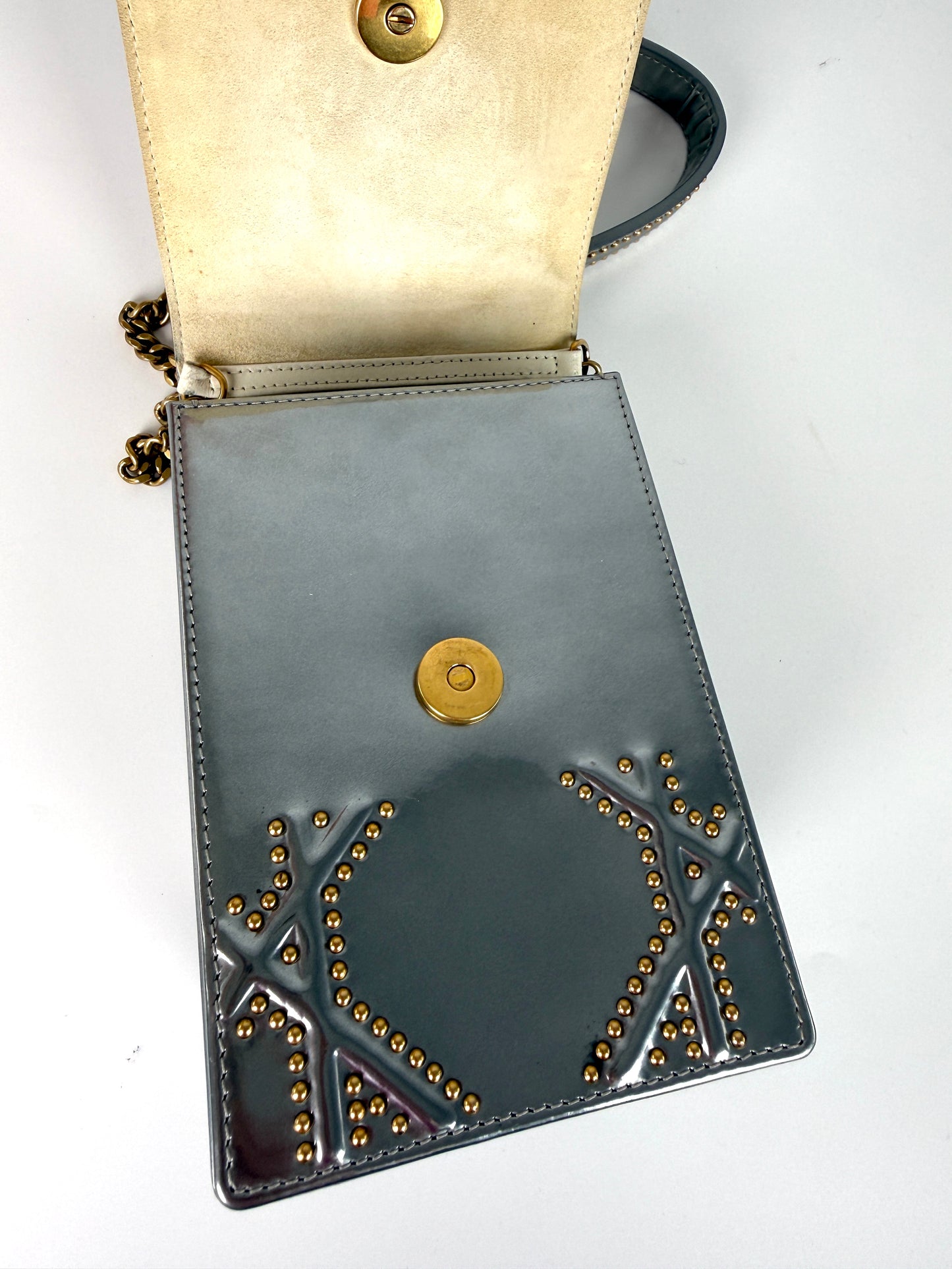 Christian Dior Diorama Vertical Studded Silver Metallic Leather Chain Crossbody Clutch Bag