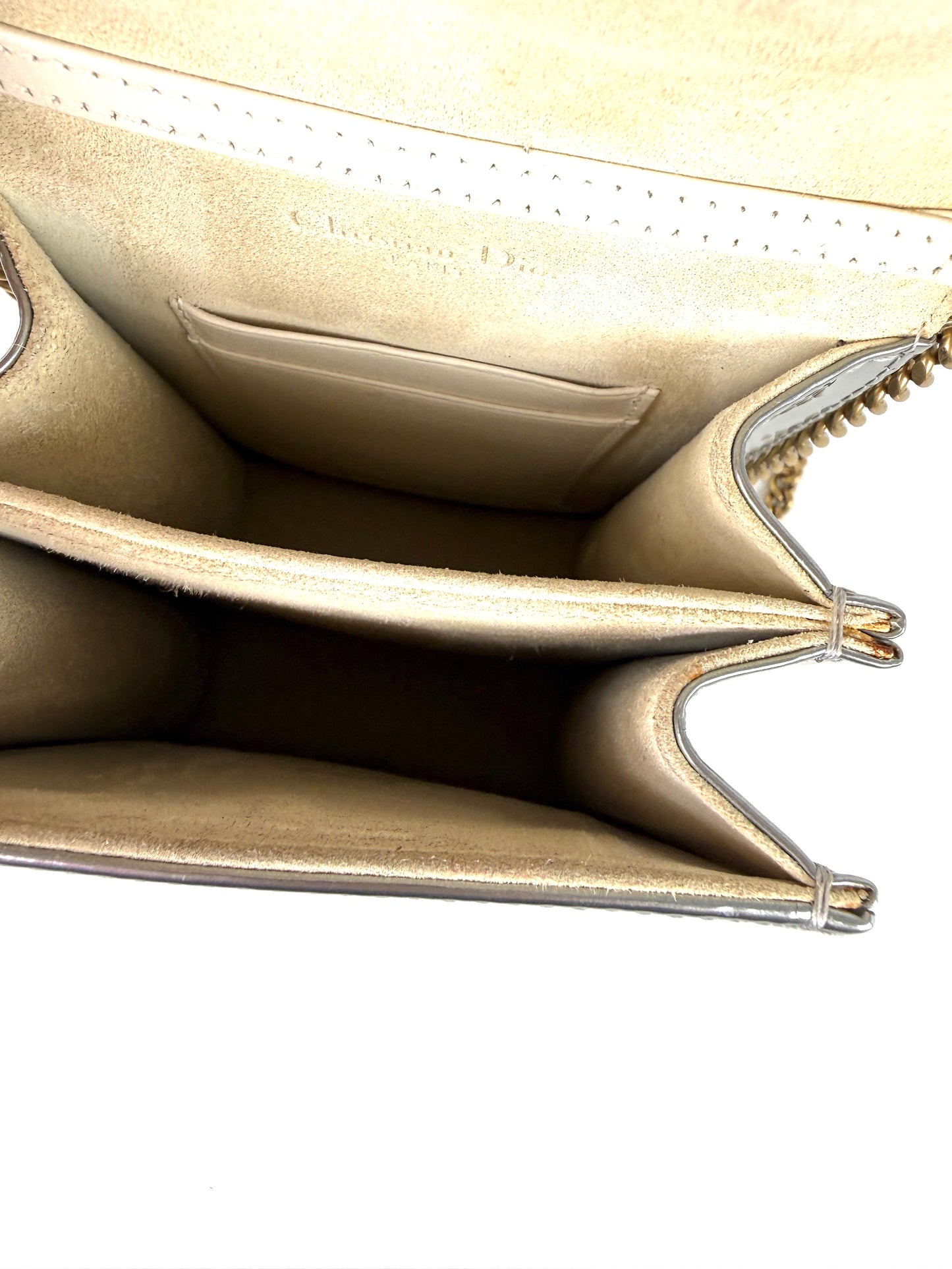 Christian Dior Diorama Vertical Studded Silver Metallic Leather Chain Crossbody Clutch Bag
