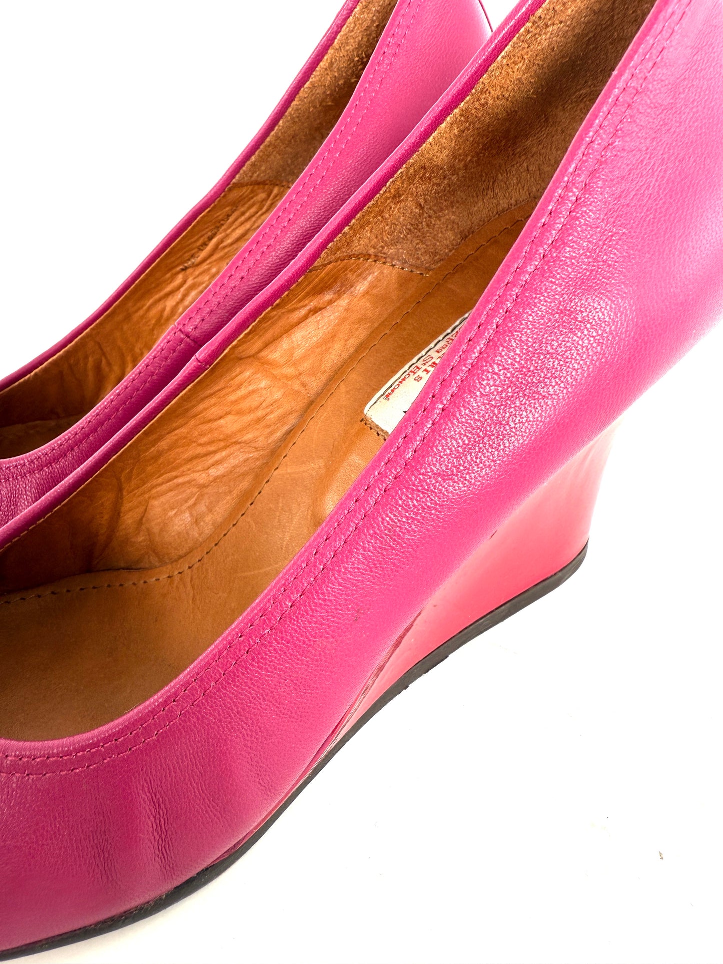 LANVIN Fuchsia Pink Leather Patent Heel Wedge Pumps 37.5 7.5