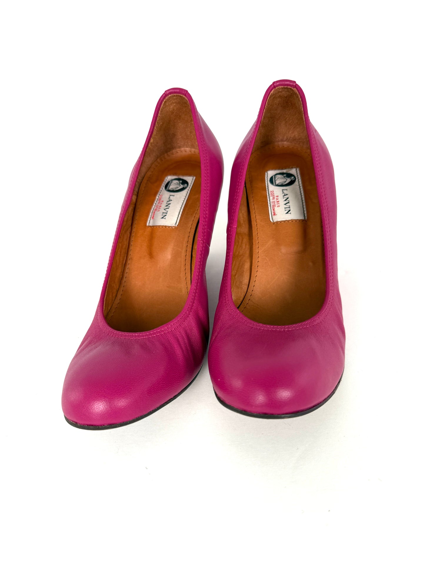 LANVIN Fuchsia Pink Leather Patent Heel Wedge Pumps 37.5 7.5