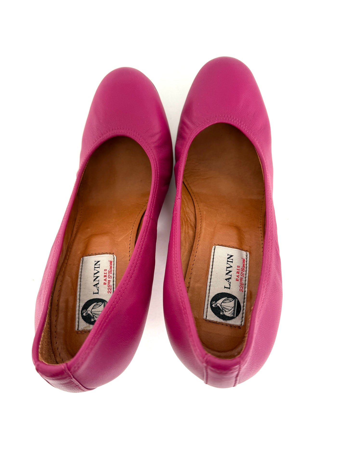 LANVIN Fuchsia Pink Leather Patent Heel Wedge Pumps 37.5 7.5