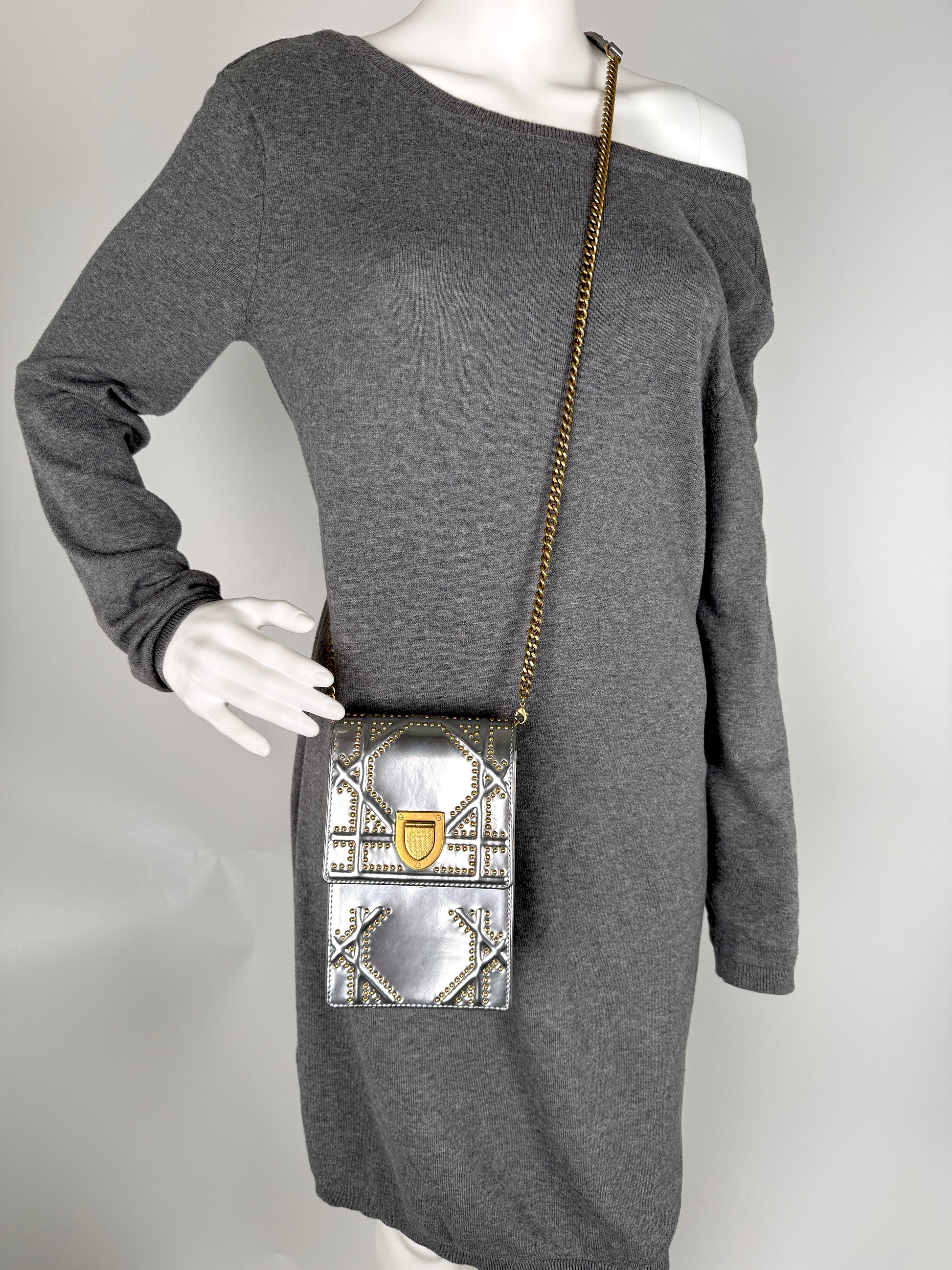 Christian Dior Diorama Vertical Studded Silver Metallic Leather Chain Crossbody Clutch Bag