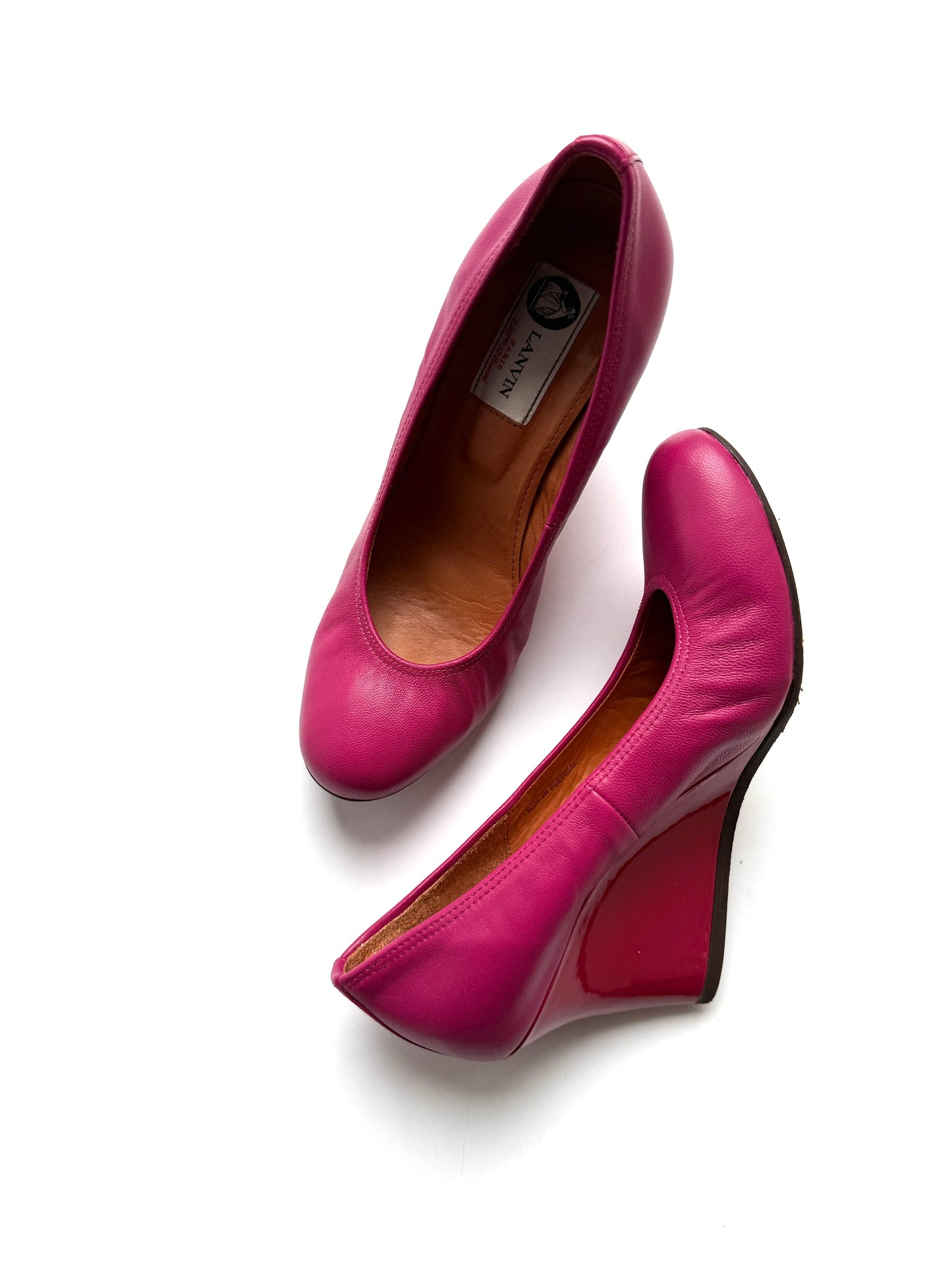 LANVIN Fuchsia Pink Leather Patent Heel Wedge Pumps 37.5 7.5