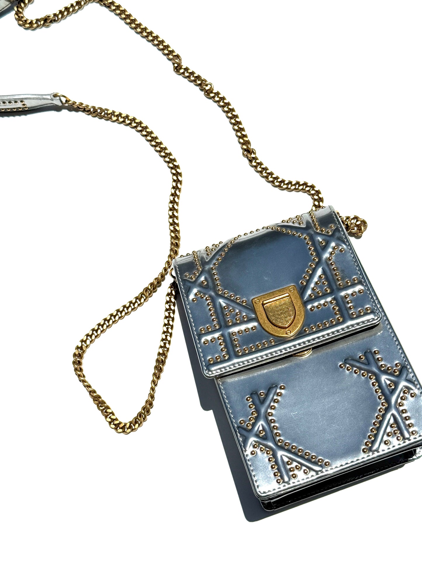 Christian Dior Diorama Vertical Studded Silver Metallic Leather Chain Crossbody Clutch Bag