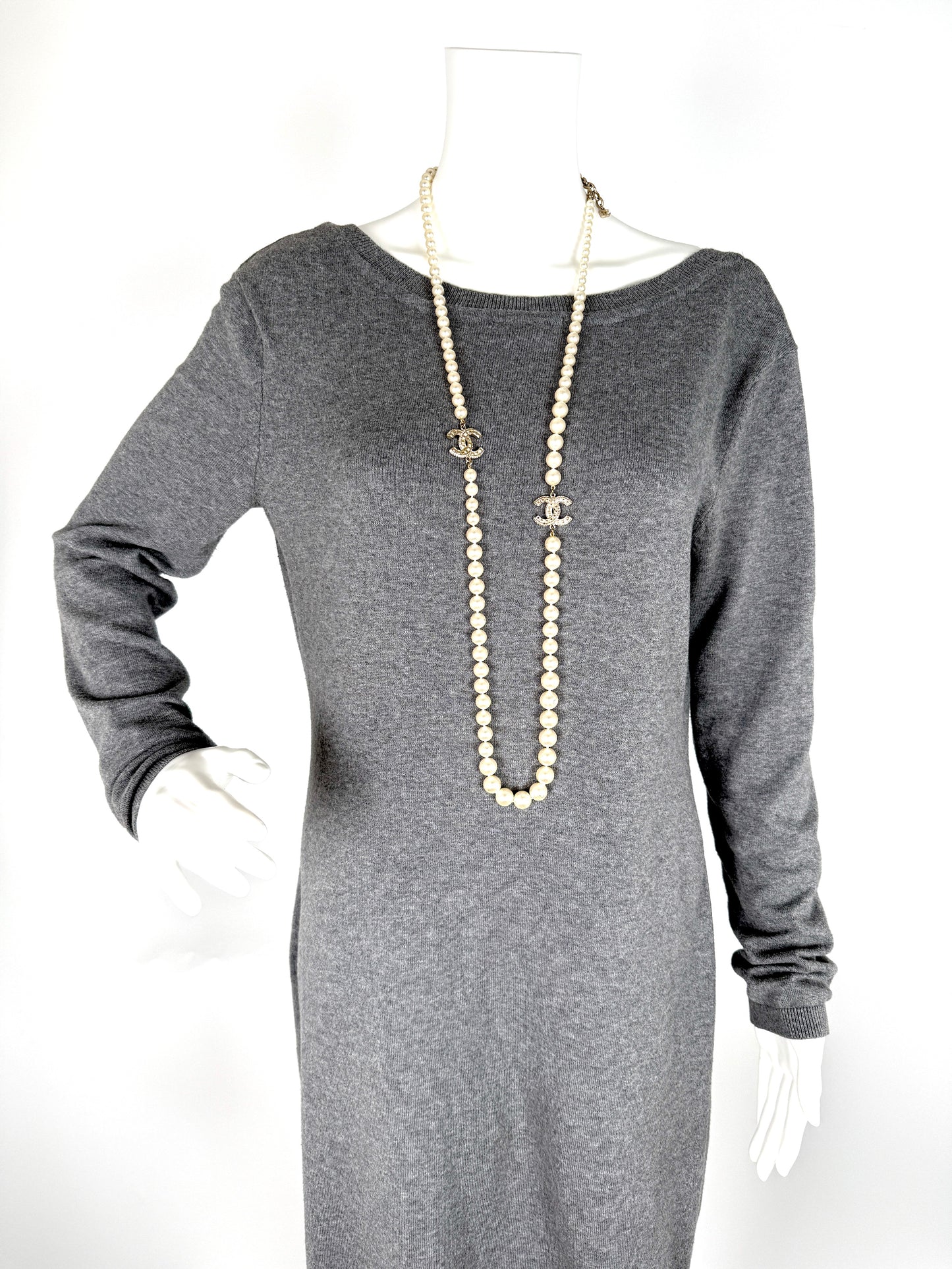 CHANEL Faux Pearl Graduated Long CC 2014 Strass Station Necklace 