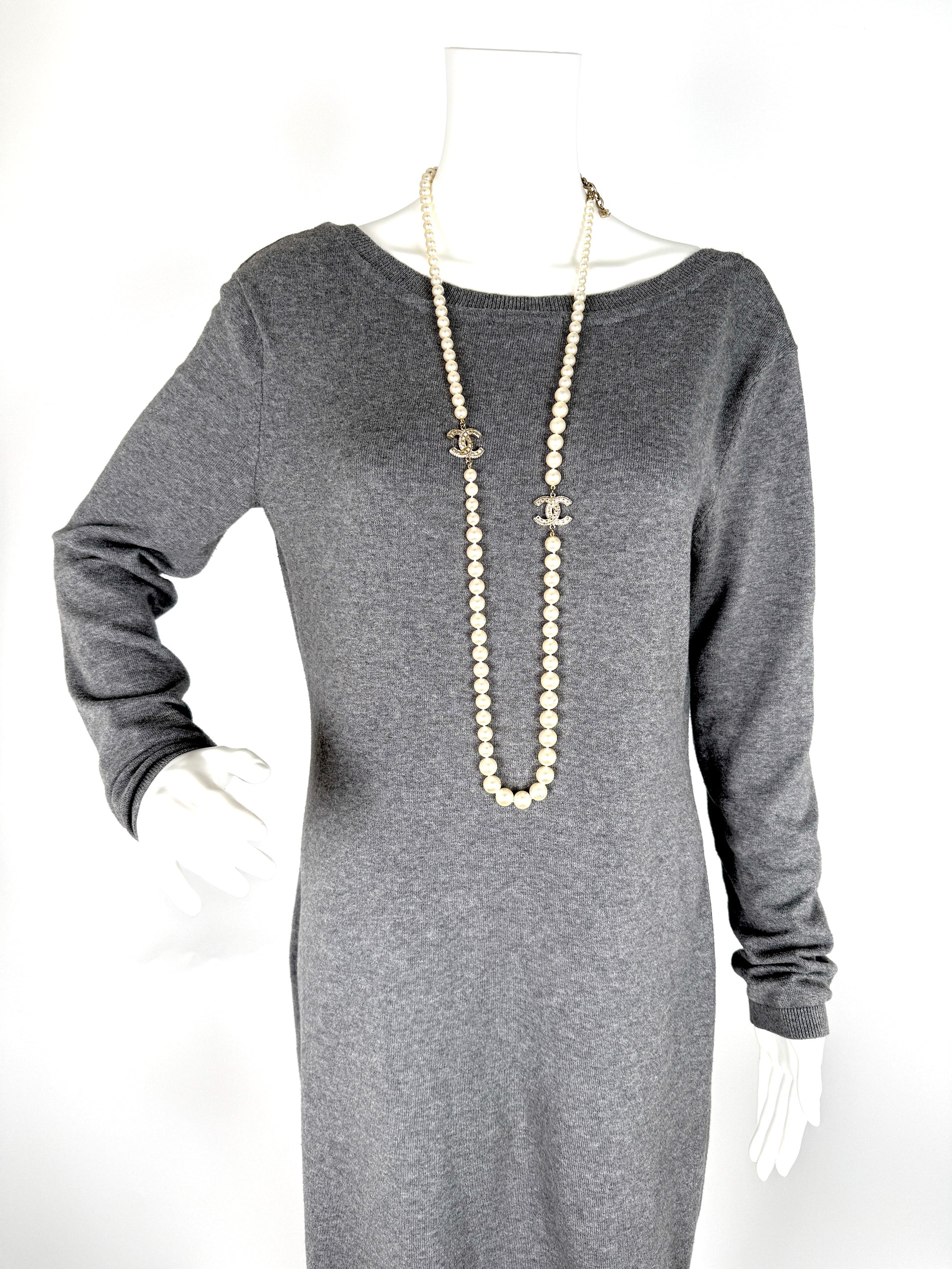 CHANEL Faux Pearl Graduated Long CC 2014 Strass Station Necklace 