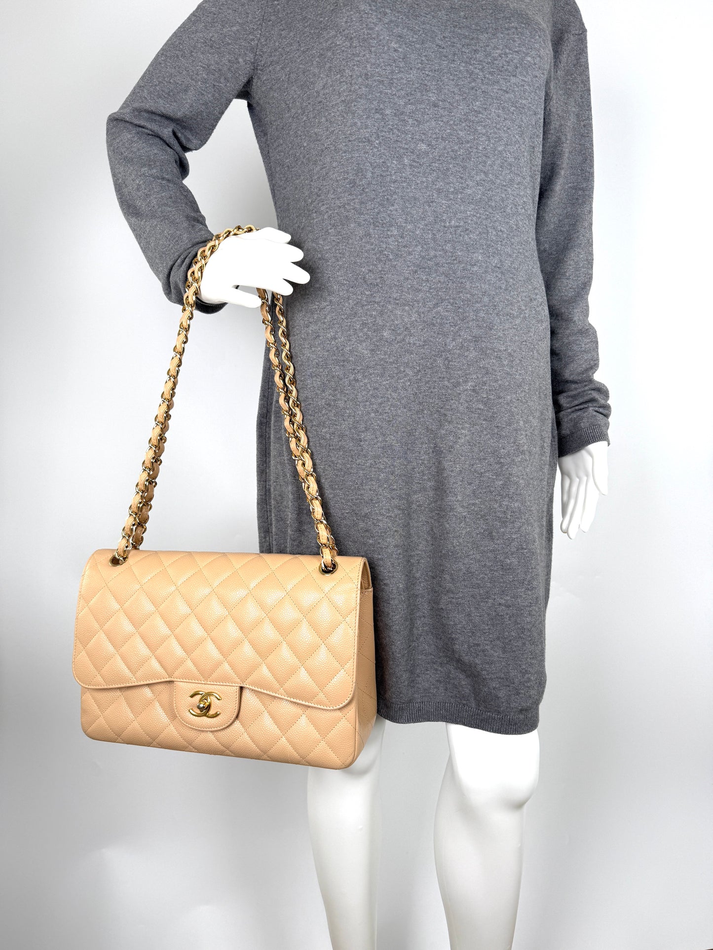 CHANEL Light Beige Caviar Jumbo Quilted Gold Hardware Classic Double Flap Bag