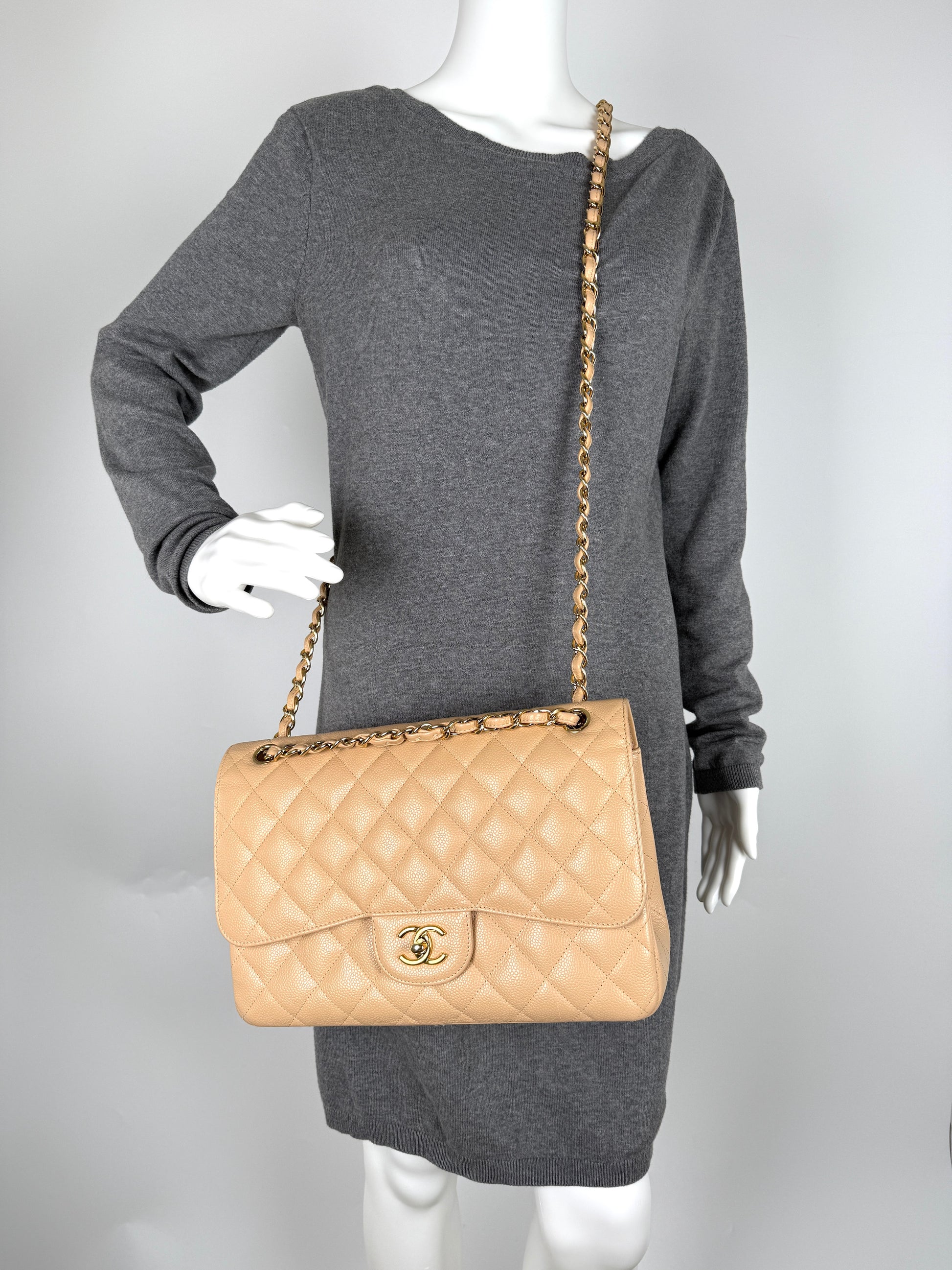 CHANEL Light Beige Caviar Jumbo Quilted Gold Hardware Classic Double Flap Bag