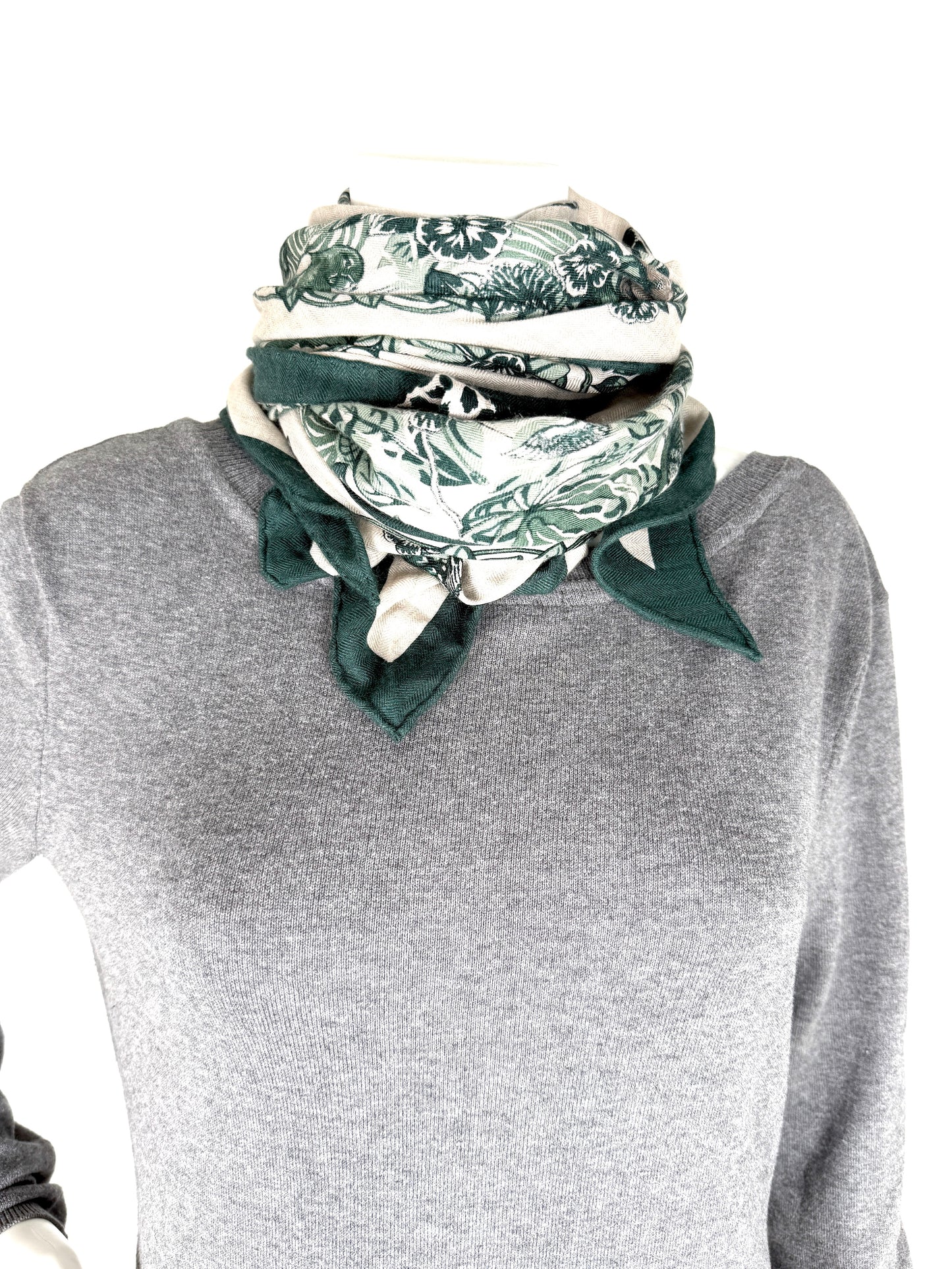 HERMES Jungle Love Jaguar Giant Triangle Green Natural Cashmere Silk Scarf New with tag