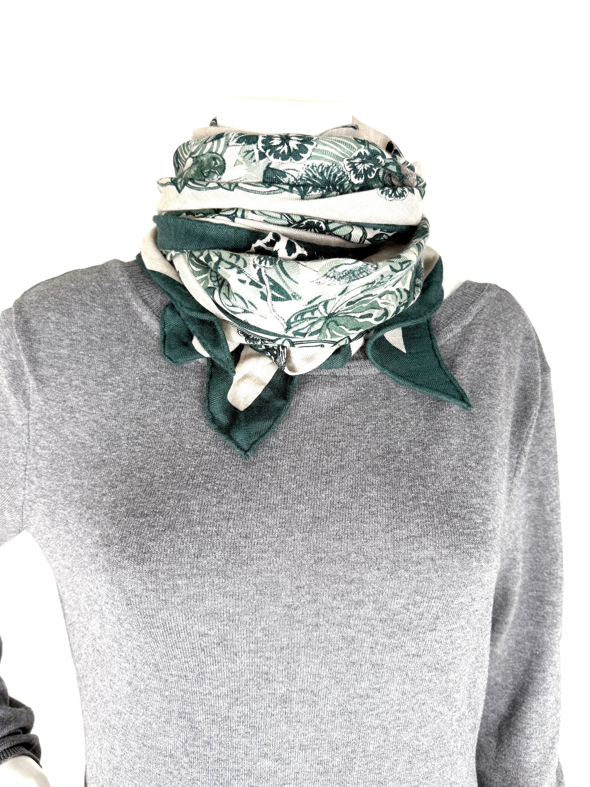 HERMES Jungle Love Jaguar Giant Triangle Green Natural Cashmere Silk Scarf New with tag