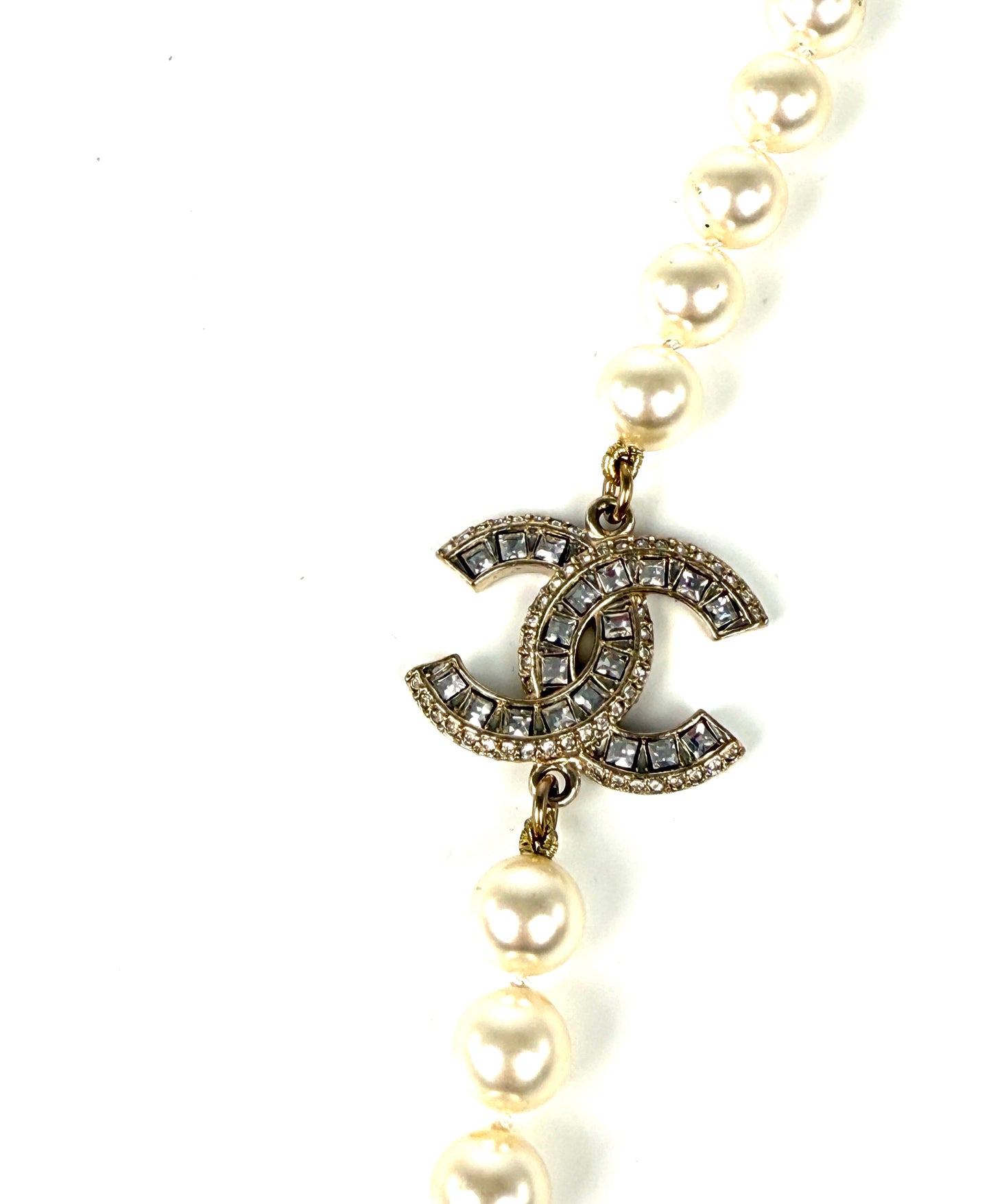 CHANEL Faux Pearl Graduated Long CC 2014 Strass Station Necklace