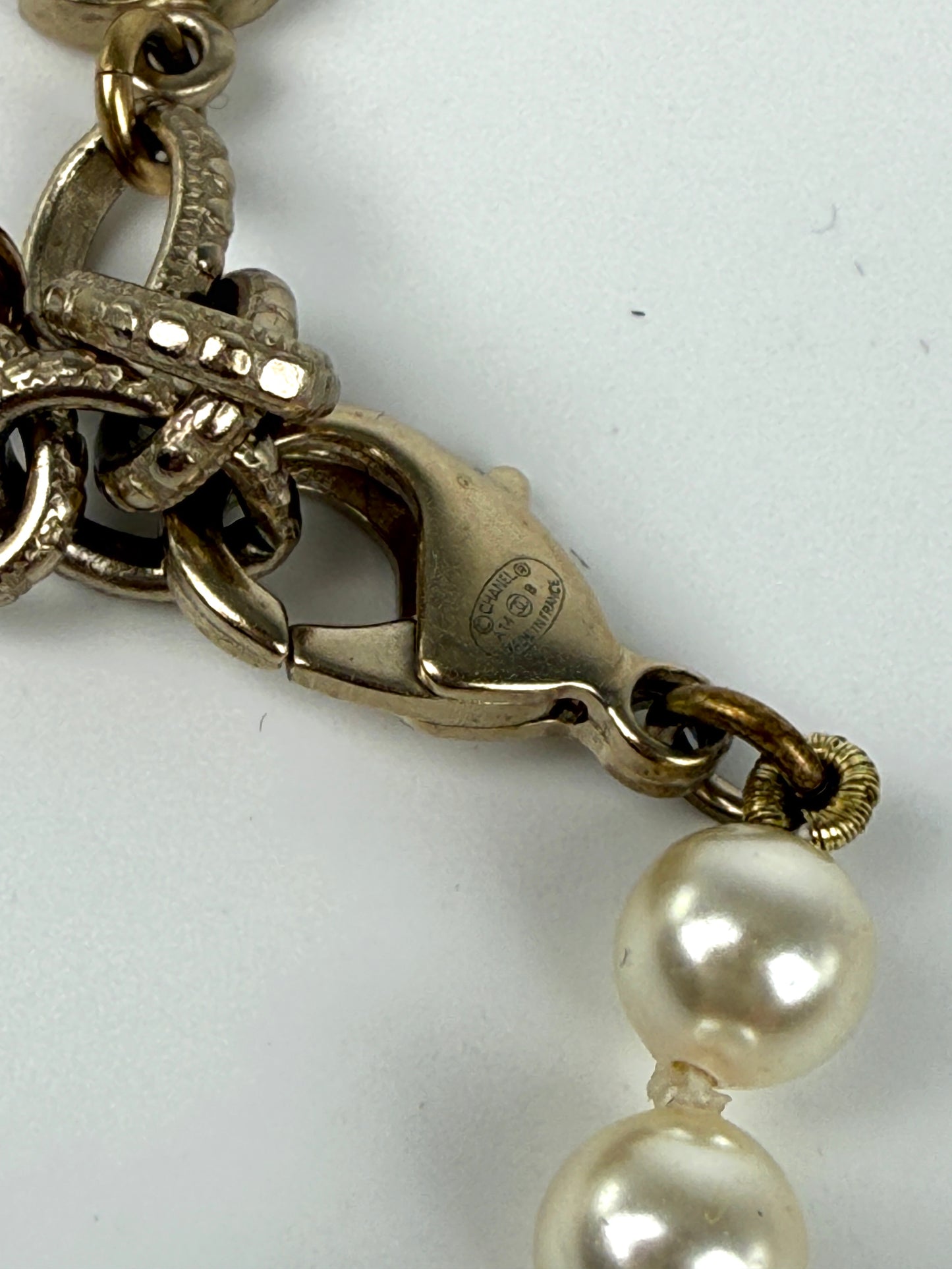 CHANEL Faux Pearl Graduated Long CC 2014 Strass Station Necklace