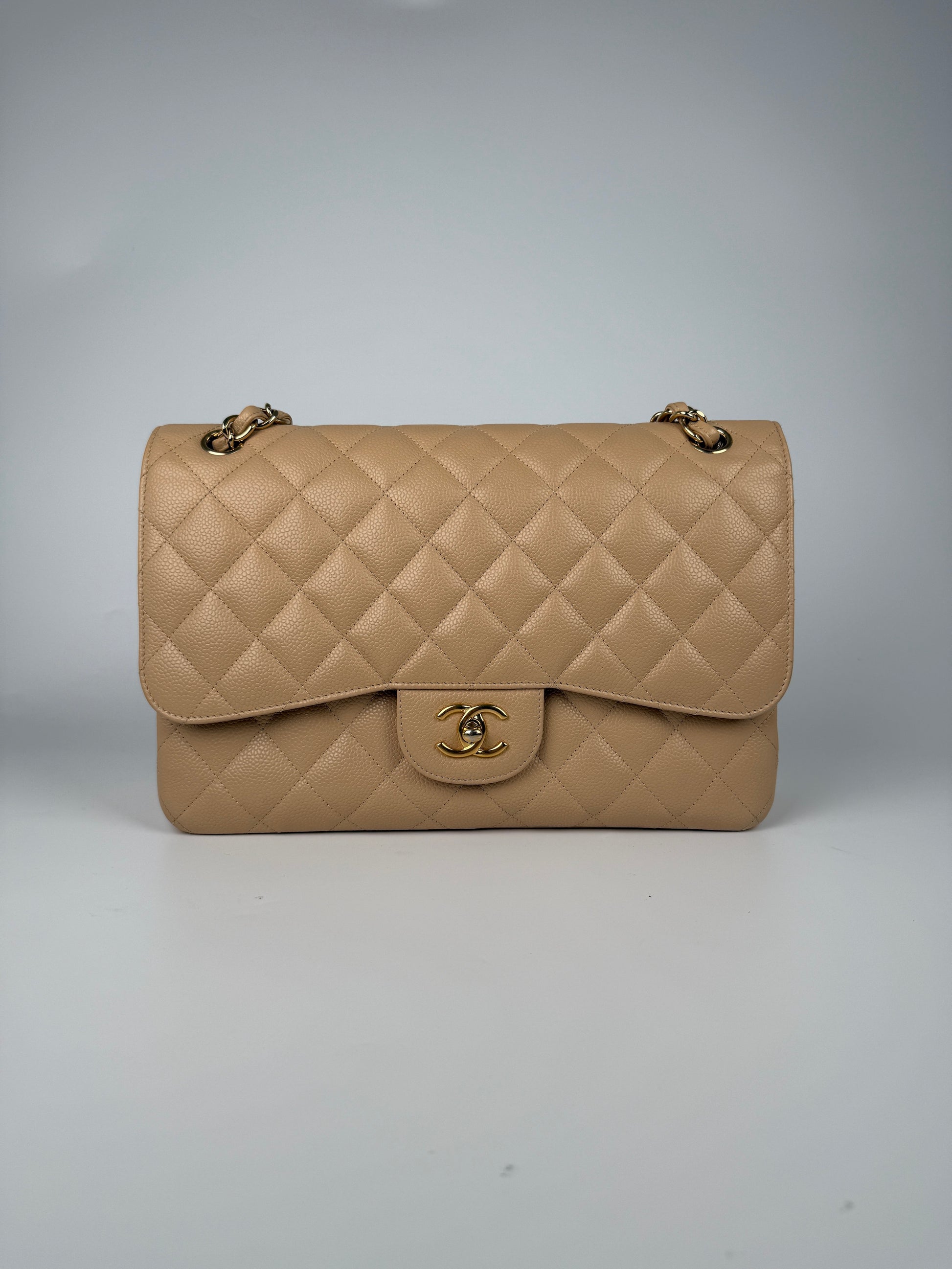 CHANEL Light Beige Caviar Jumbo Quilted Gold Hardware Classic Double Flap Bag