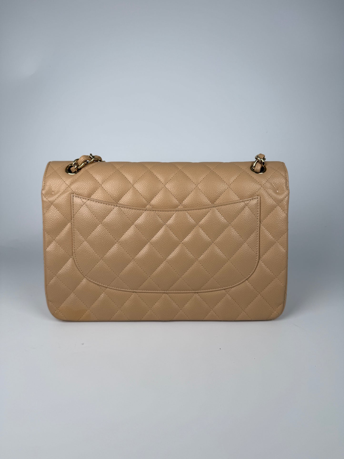CHANEL Light Beige Caviar Jumbo Quilted Gold Hardware Classic Double Flap Bag