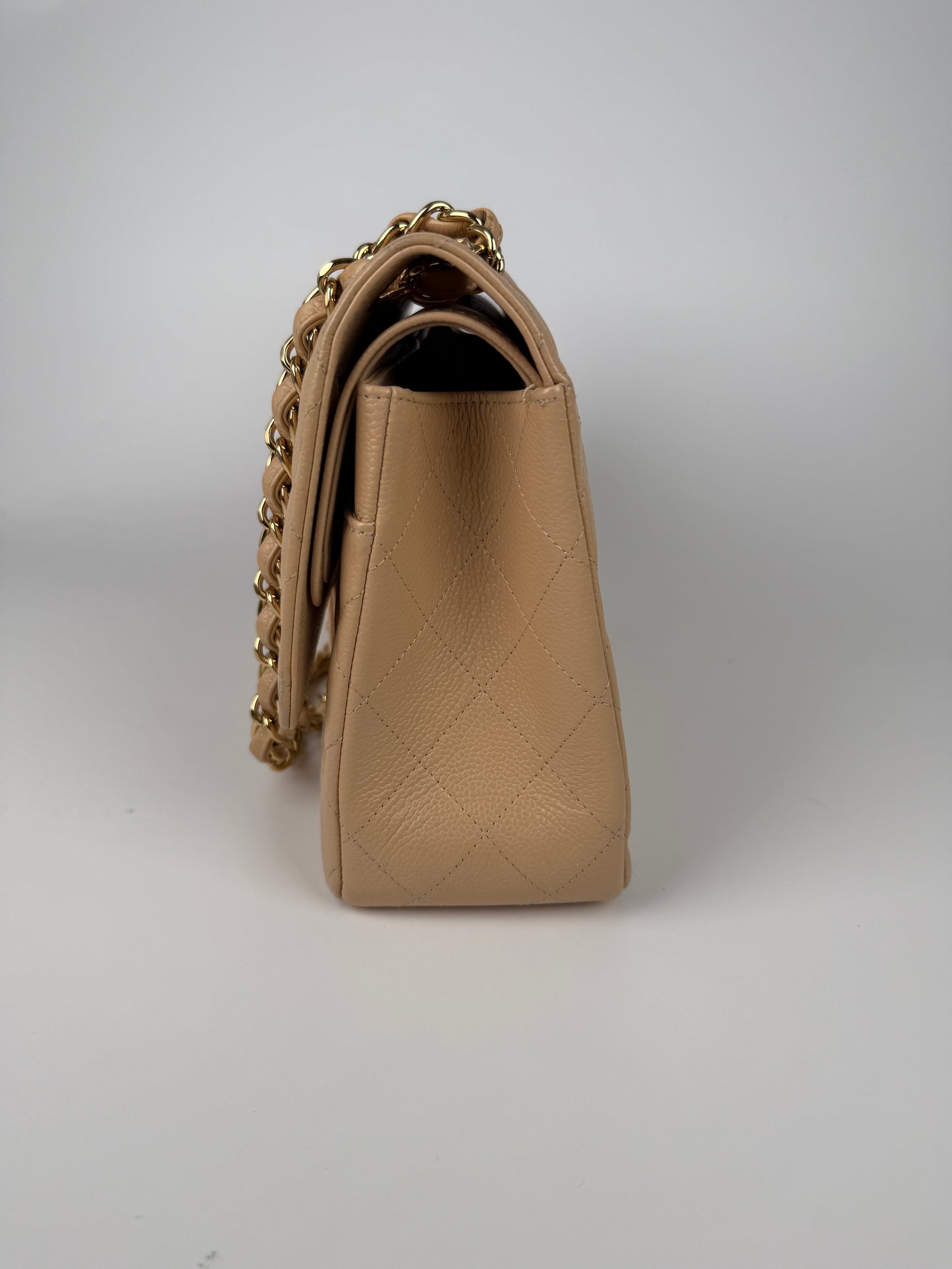 CHANEL Light Beige Caviar Jumbo Quilted Gold Hardware Classic Double Flap Bag