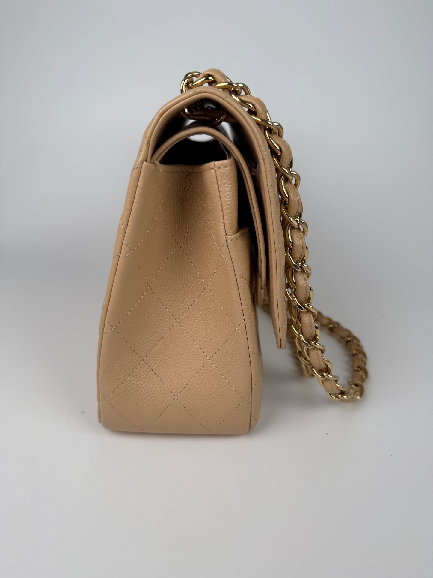 CHANEL Light Beige Caviar Jumbo Quilted Gold Hardware Classic Double Flap Bag