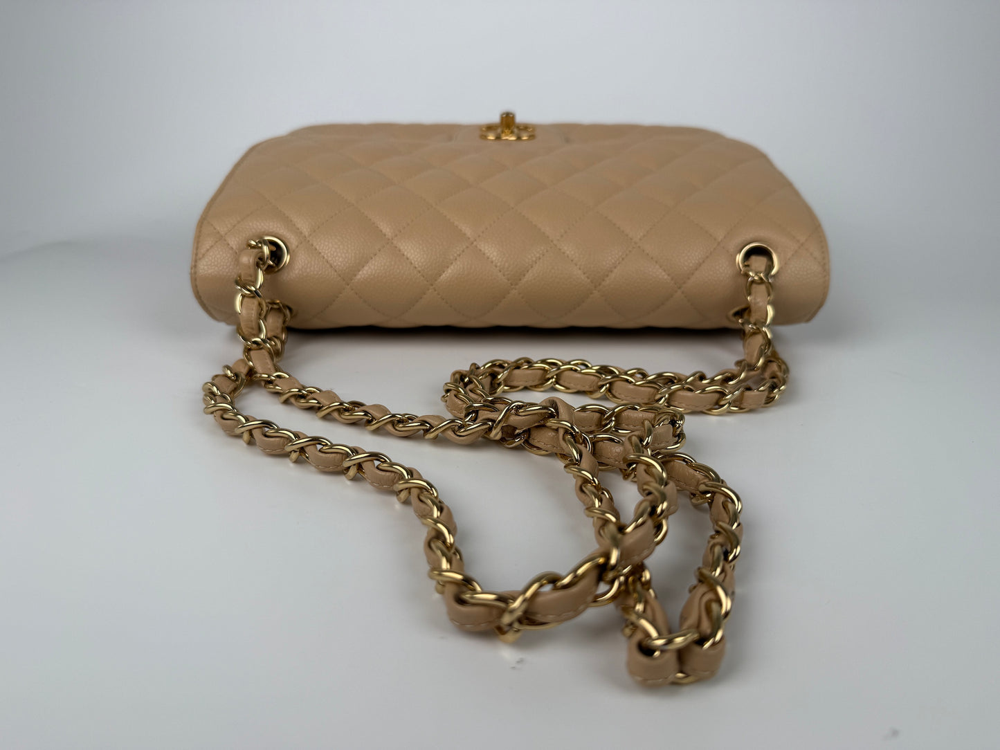 CHANEL Light Beige Caviar Jumbo Quilted Gold Hardware Classic Double Flap Bag