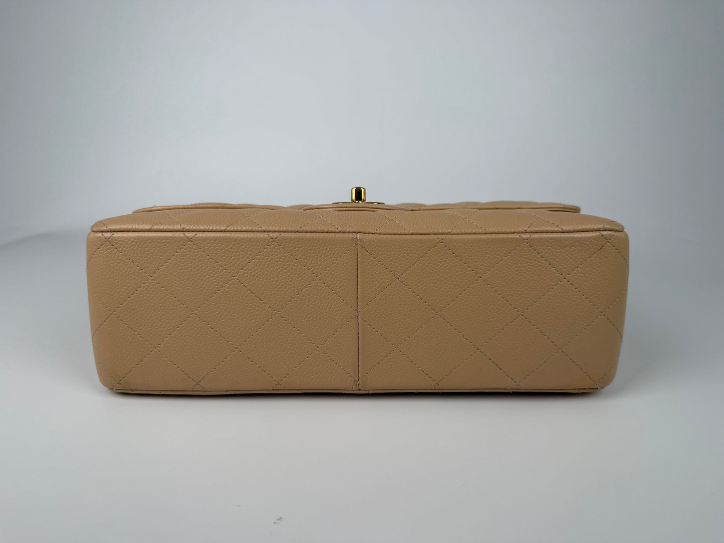 CHANEL Light Beige Caviar Jumbo Quilted Gold Hardware Classic Double Flap Bag