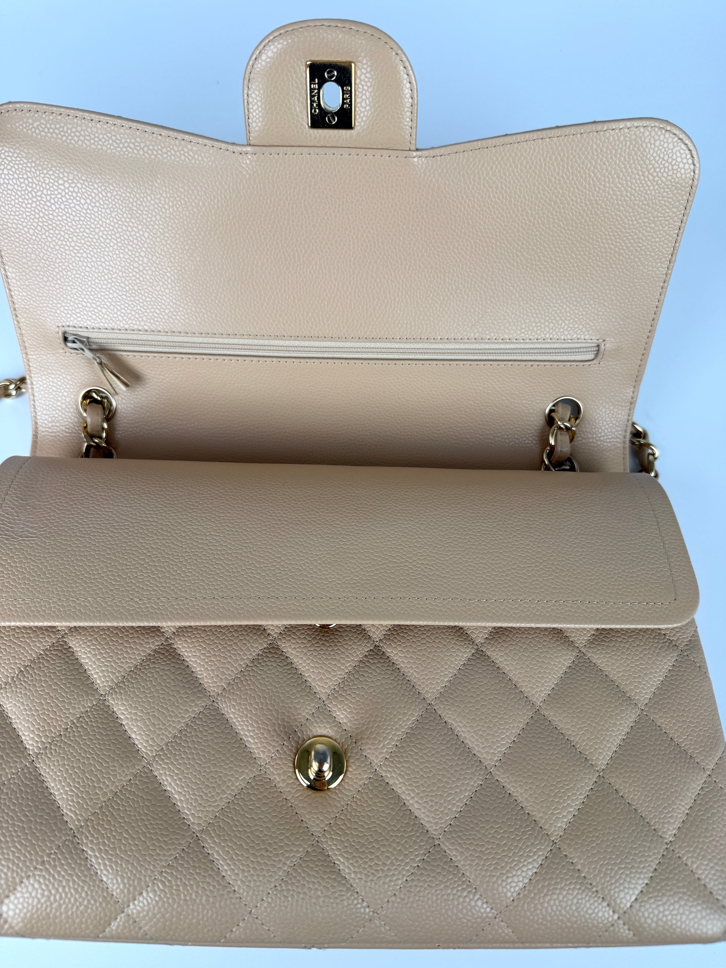CHANEL Light Beige Caviar Jumbo Quilted Gold Hardware Classic