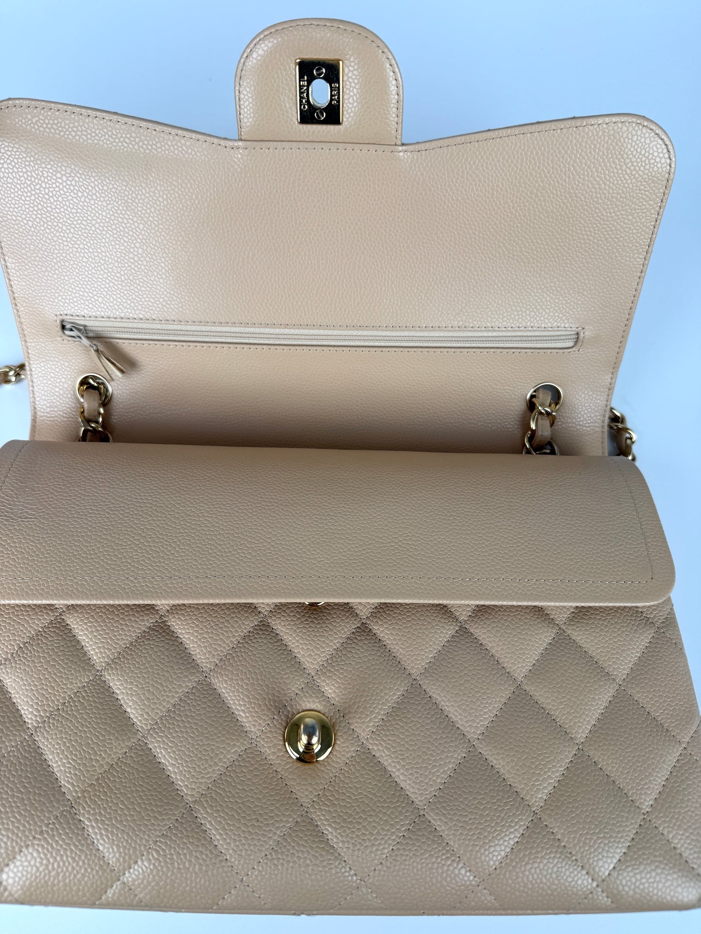 CHANEL Light Beige Caviar Jumbo Quilted Gold Hardware Classic Double Flap Bag