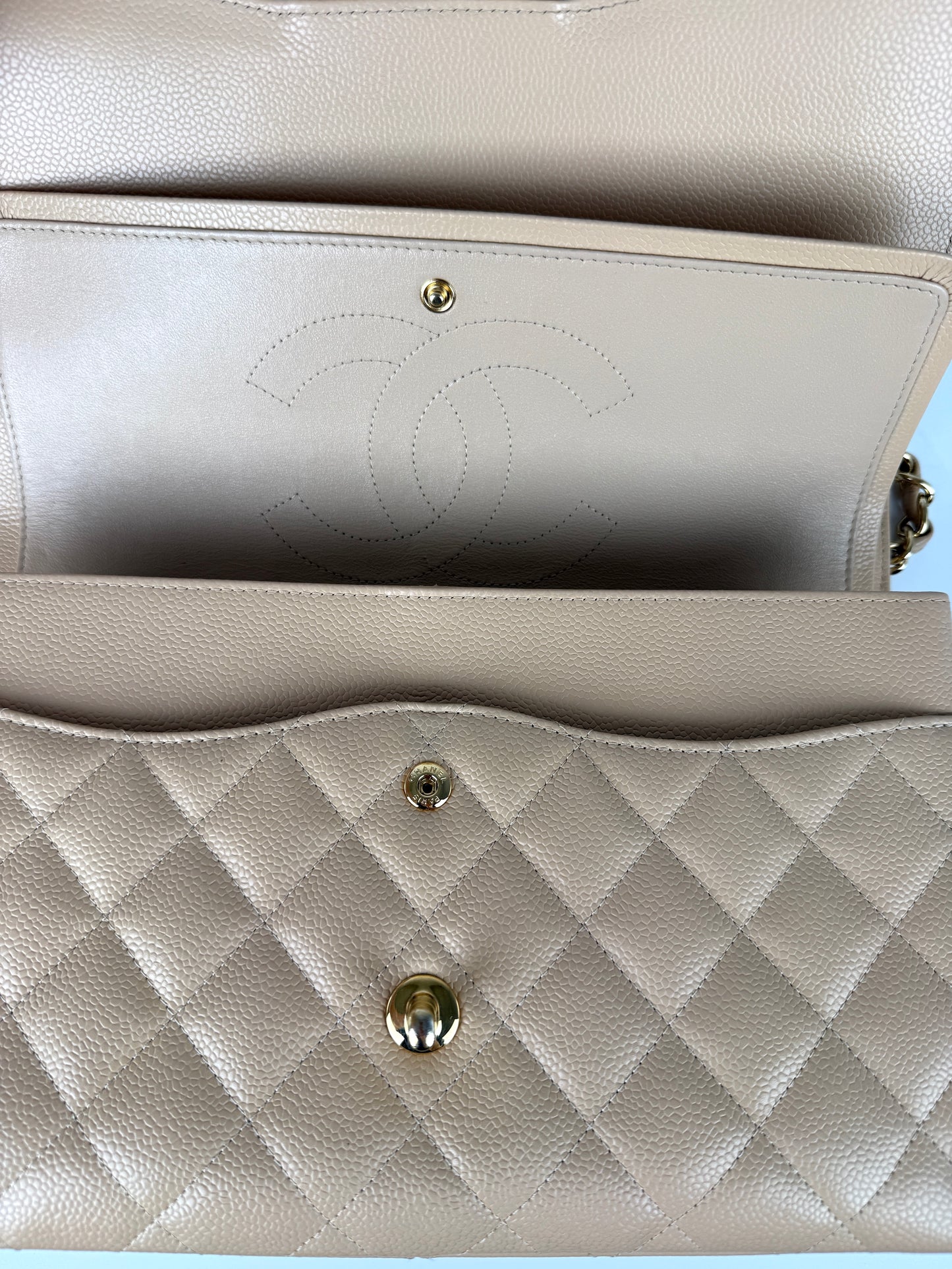 CHANEL Light Beige Caviar Jumbo Quilted Gold Hardware Classic Double Flap Bag