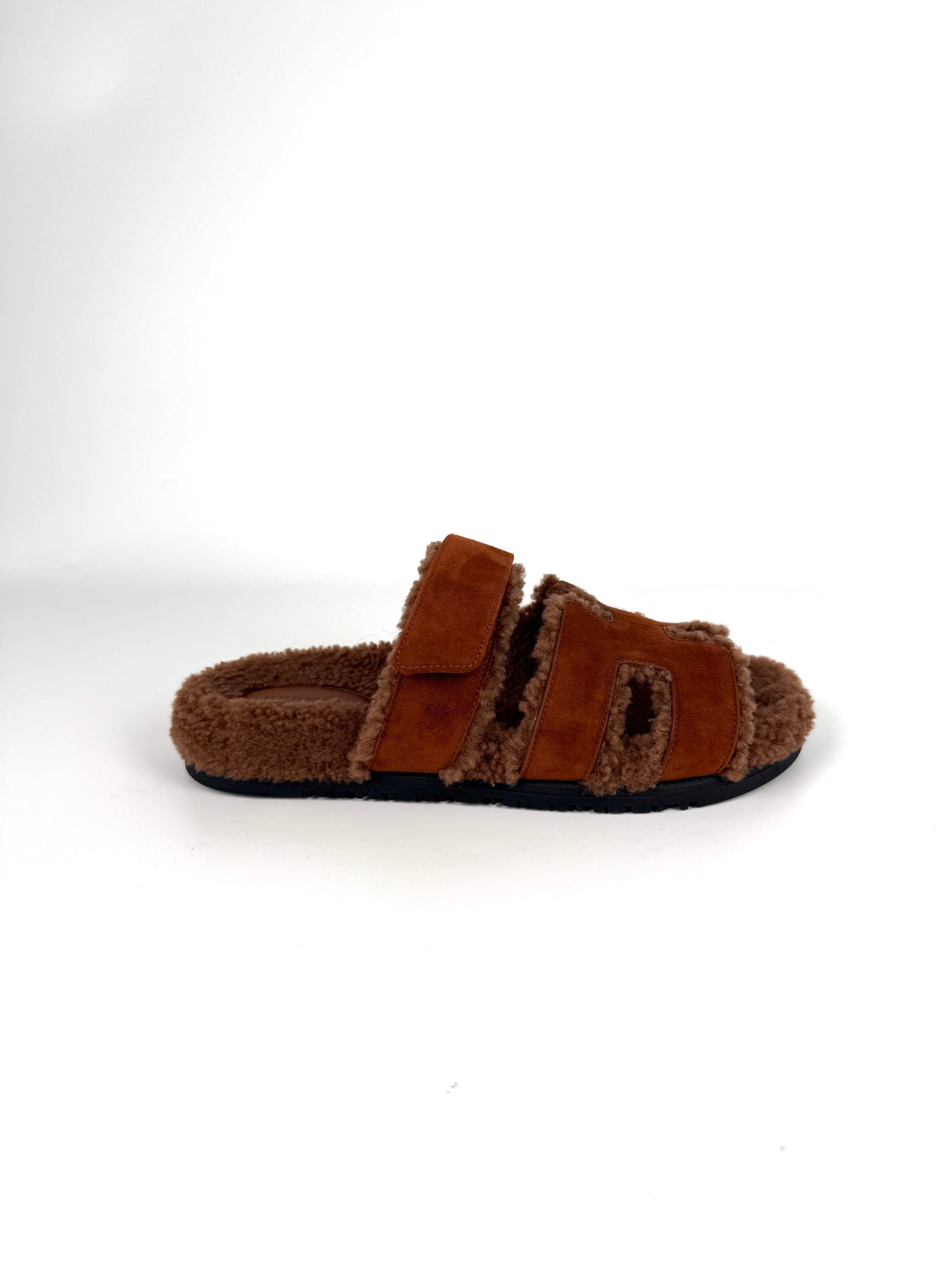 HERMES Chypre Gold Suede Goatskin Leather Shearling 2026 Slide Sandals 39 8.5 New