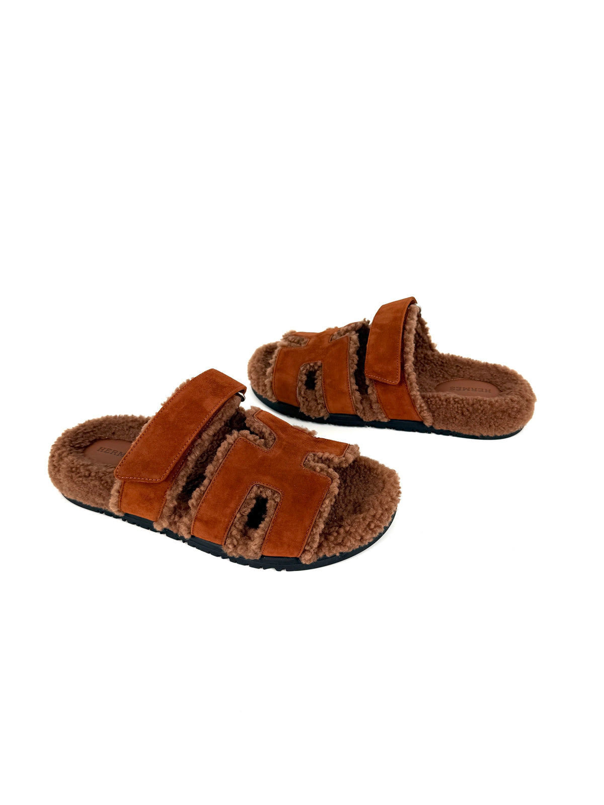 HERMES Chypre Gold Suede Goatskin Leather Shearling 2026 Slide Sandals 39 8.5 New