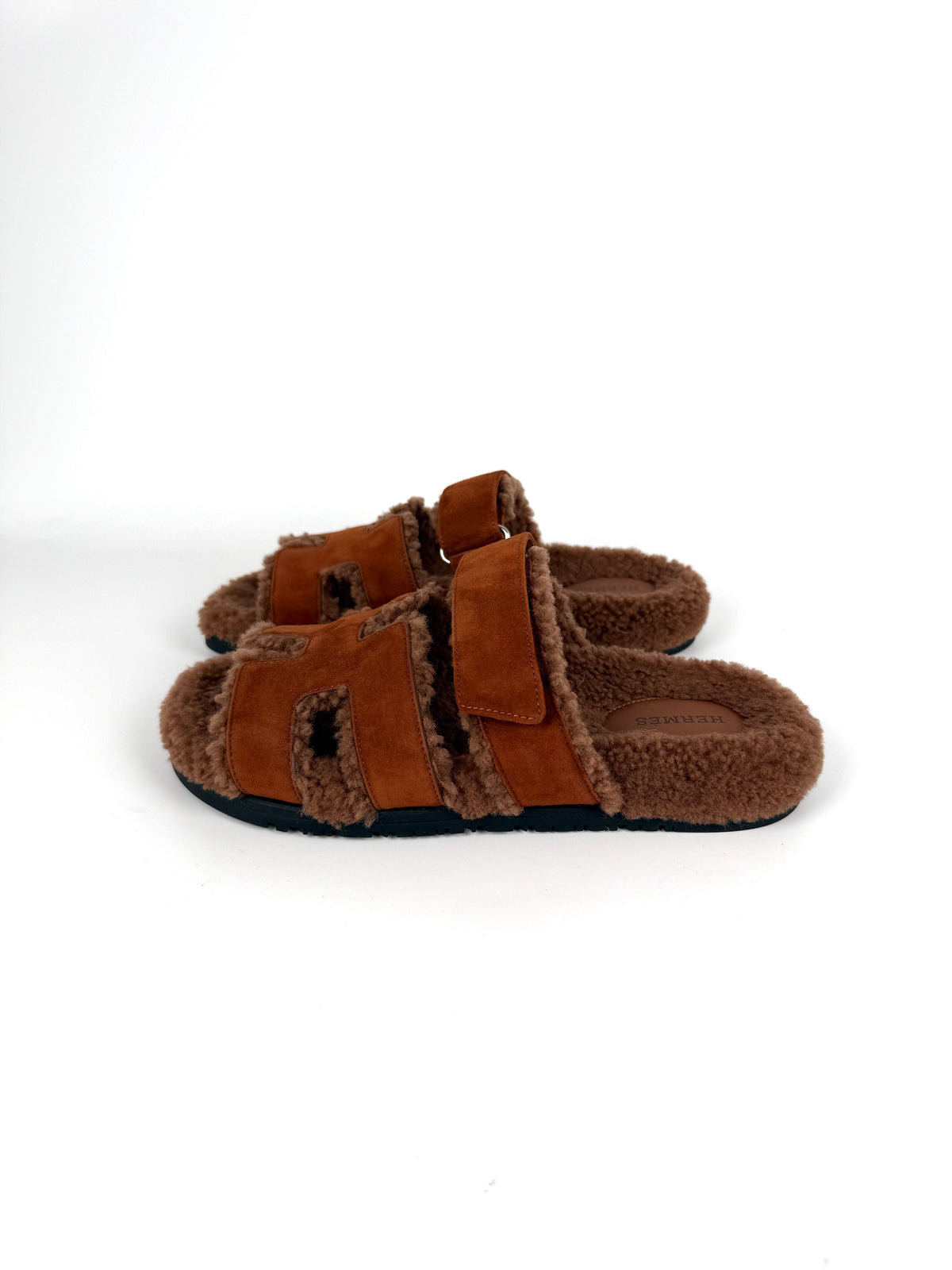 HERMES Chypre Gold Suede Goatskin Leather Shearling 2026 Slide Sandals 39 8.5 New