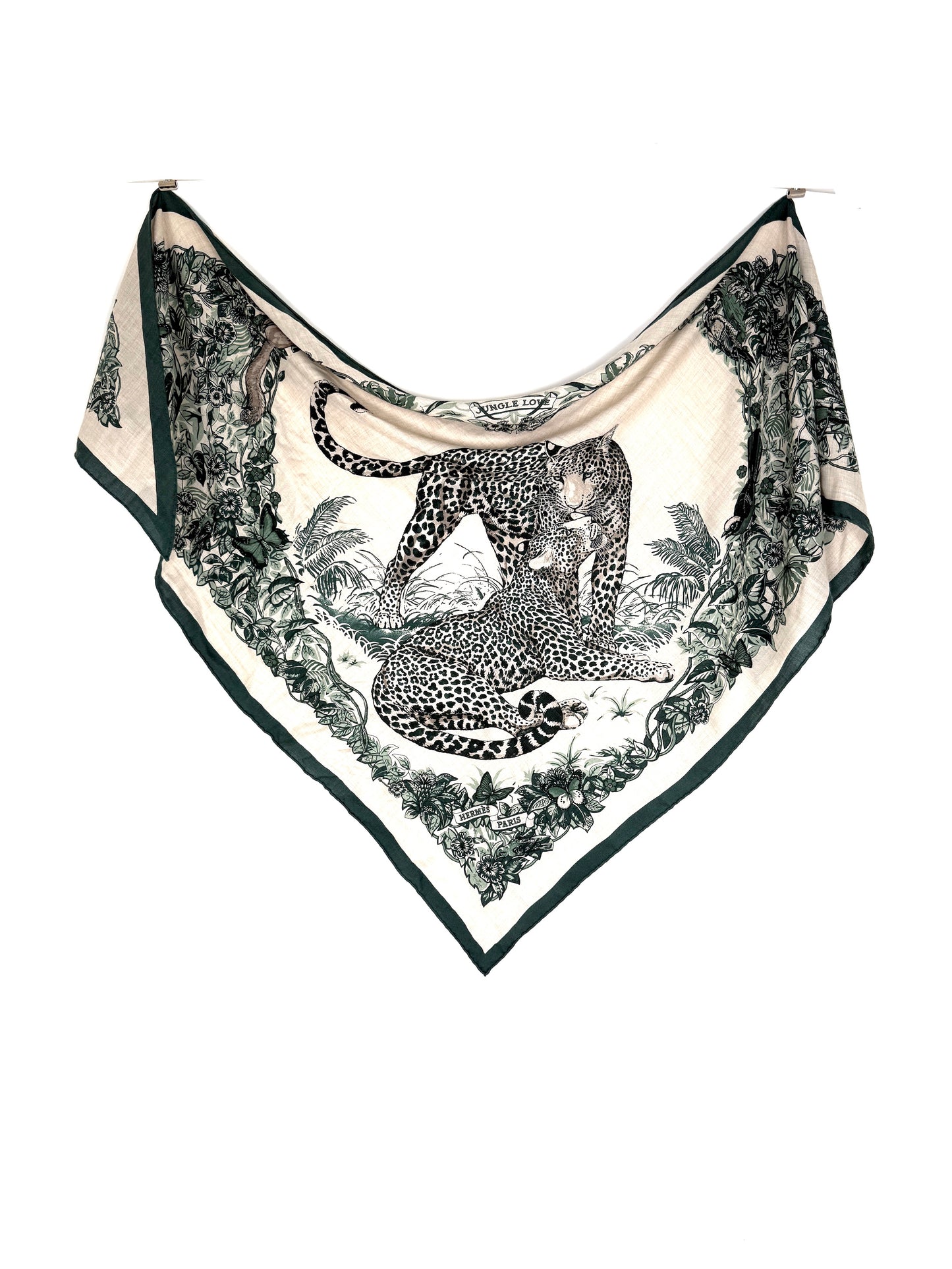 HERMES Jungle Love Jaguar Giant Triangle Green Natural Cashmere Silk Scarf New with tag
