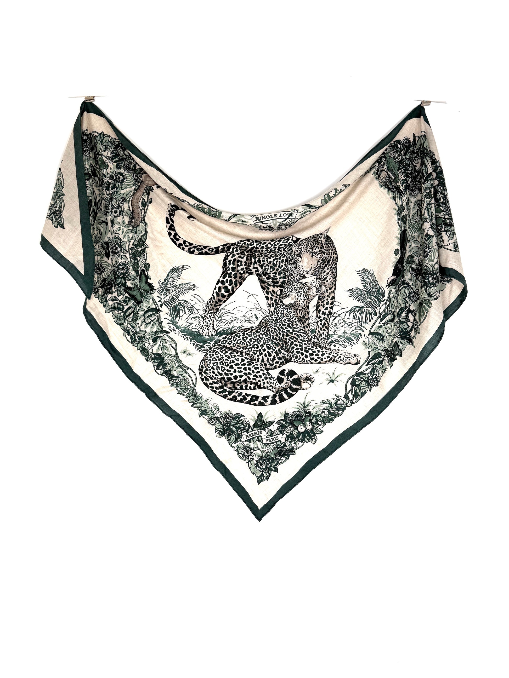 HERMES Jungle Love Jaguar Giant Triangle Green Natural Cashmere Silk Scarf New with tag