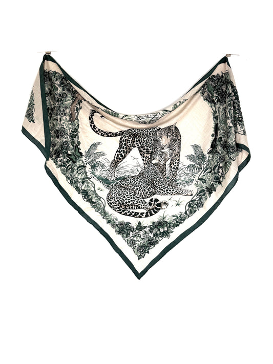 HERMES Jungle Love Jaguar Giant Triangle Green Natural Cashmere Silk Scarf New with tag
